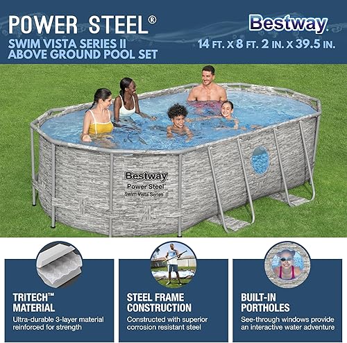 Vista 2 de Bestway Power Steel Swim Vista Series II - Juego de piscina para exteriores sobre el suelo de 14 x 8 pies 2 pulgadas x 39.5 pulgadas, con bomba