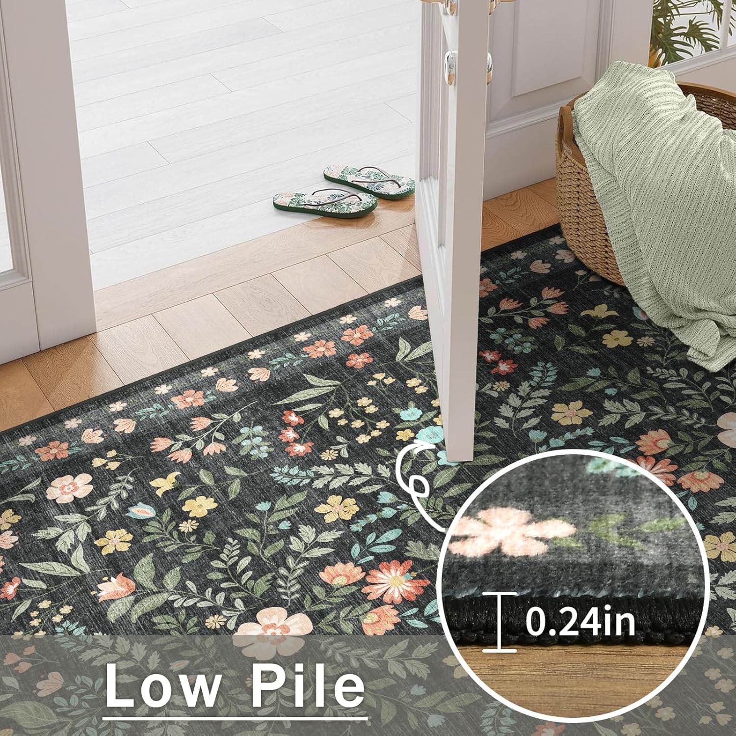 Floral Washable Rug, 5' x 8' Area Rugs for Bedroom Low Pile Faux-Wool Carpet - Ultra Soft, Non-Slip & Machine Washable Indoor Rug for Living Room, Dining Room, Nursery, Kids Playroom Black