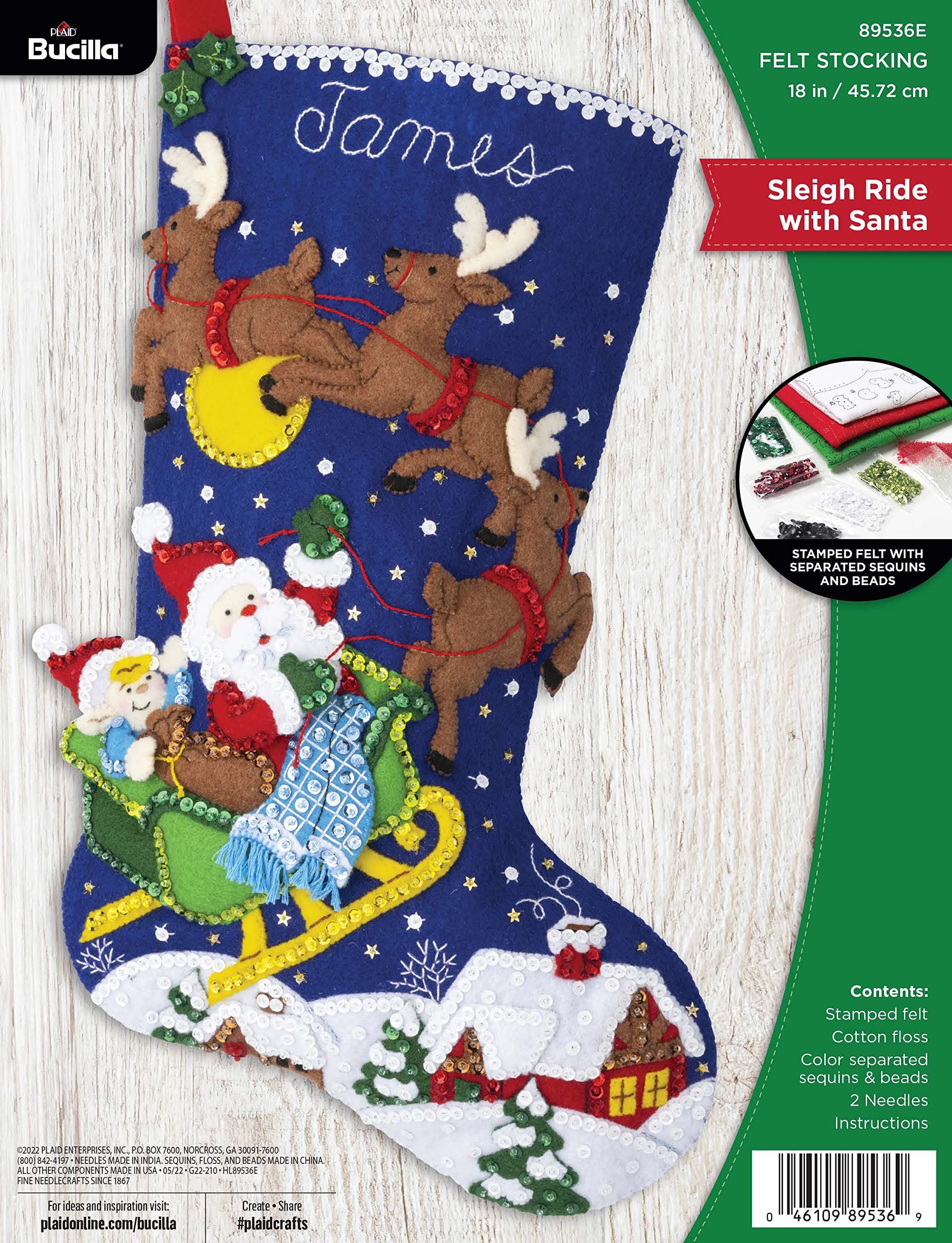 Sleigh Ride with Santa 18" Felt Applique Stocking Making Kit, Perfect for DIY Needlepoint Arts and Crafts, 89536E