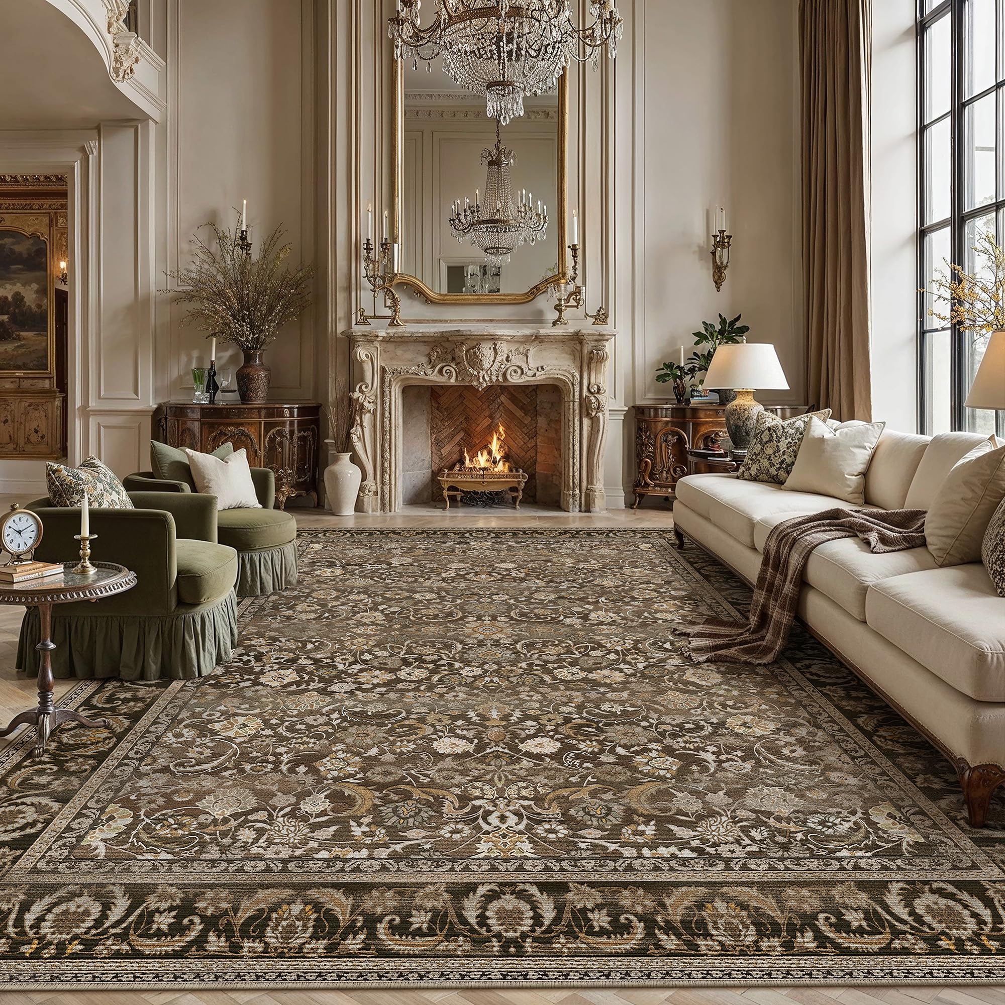 Photo 1 of Berthmeer Area Rug 9x12 Washable Rug, Non Slip Low Pile Ultra-Thin Floral Indoor Large Carpet for Bedroom Dining Home Office Brown