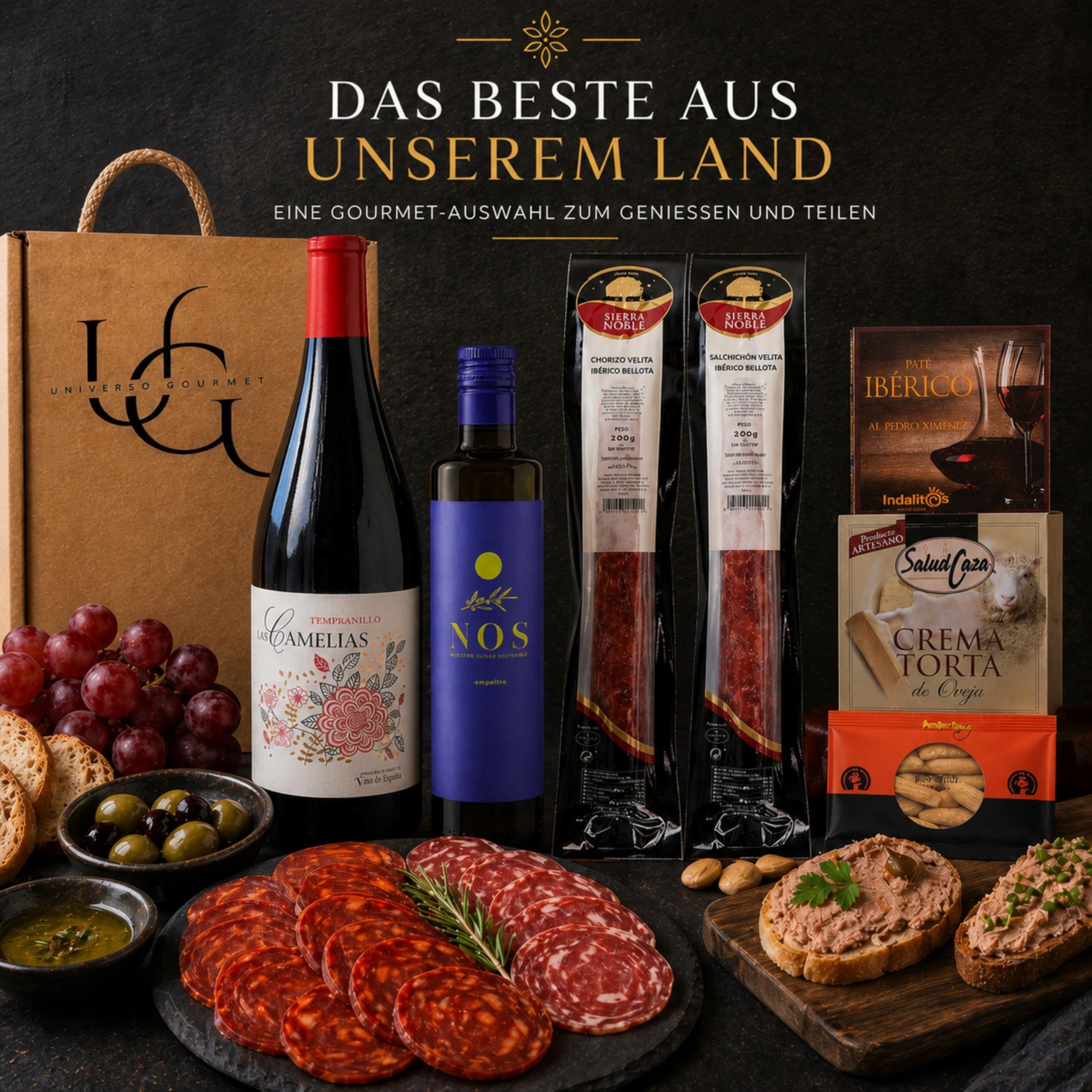 UNIVERSO GOURMET Präsentkorb Geschenkbox mit Rotwein 75 cl, Olivenöl, Chorizo, Salchichón, Paté, Schafskäsecreme & Picos