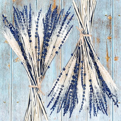 Paquete de flores secas de lavanda y trigo Ramo de flores de lavanda y trigo blanco conservadas frescas reales de 17 pulgadas, ramo de plantas de