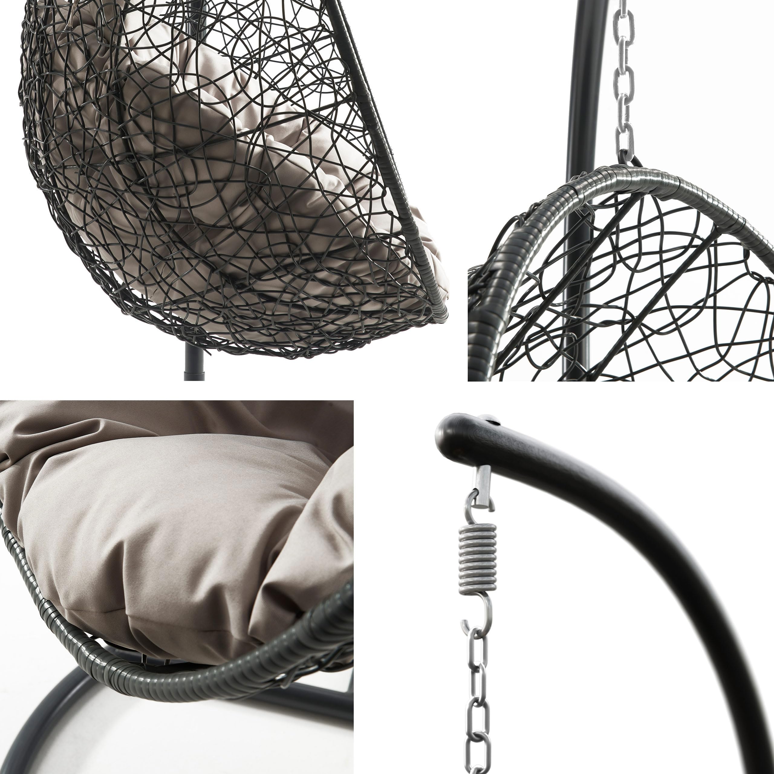 Mirjan24 Hängesessel mit Gestell und Kissen Bordia, Hängestuhl mit Rückenkissen, Hängesitz, Hängekorb, Stahlskelett, Indoor & Outdoor (grau/Kissen: grau)