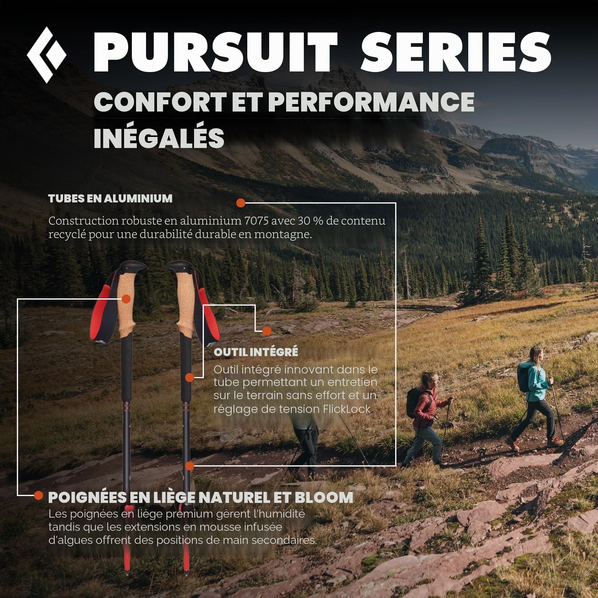 Black Diamond Pursuit Bâtons de randonnée en Aluminium Pliables et réglables