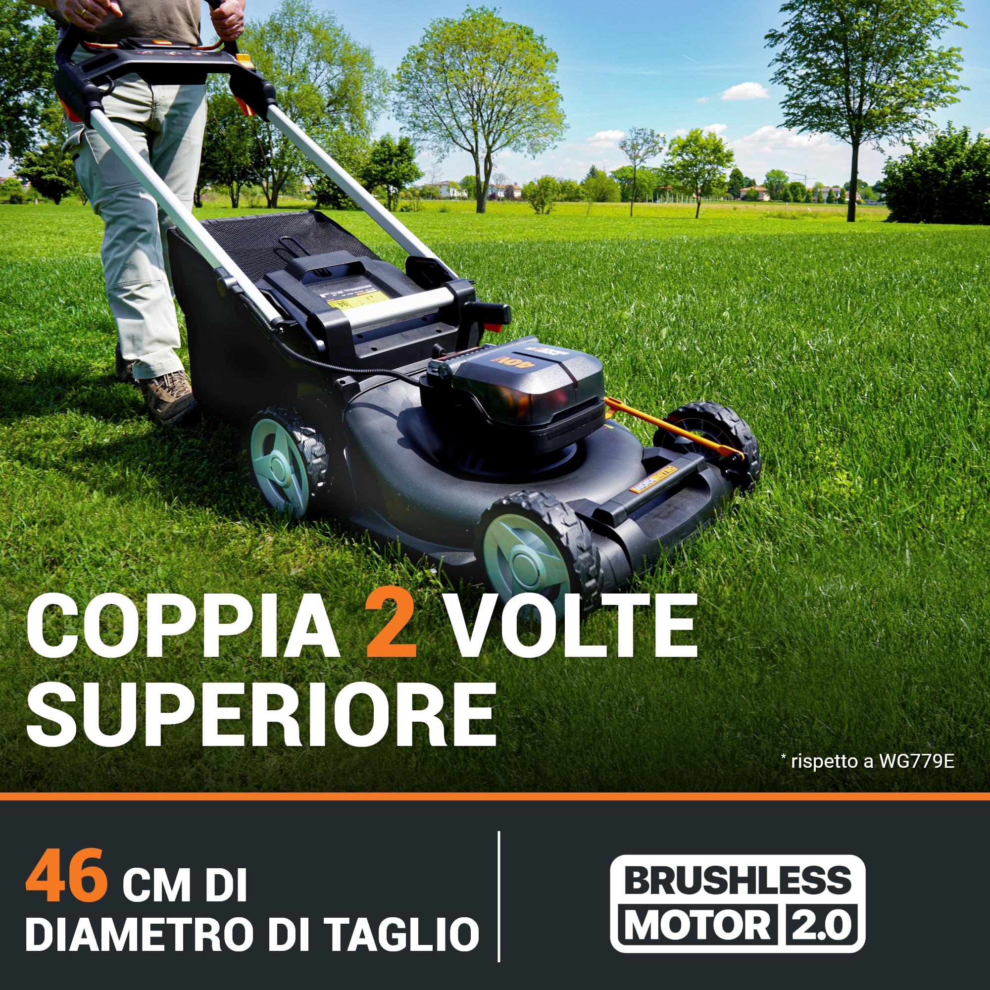 WORX Nitro WG749E Rasaerba 40 V (2 x 20 V) | PowerShare | Include 2 batterie 4 Ah e caricatore doppio | 46 cm con trazione | Mulching | 7 posizioni di altezza
