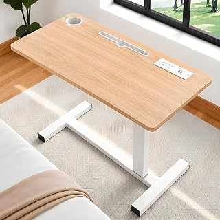 Naomi Home Adjustable Overbed Table with Charging Station, Rolling Hospital Bedside Table with Wheels, Height Adjustable Bed Desk for Laptop, Meals & Recovery Care Natural White