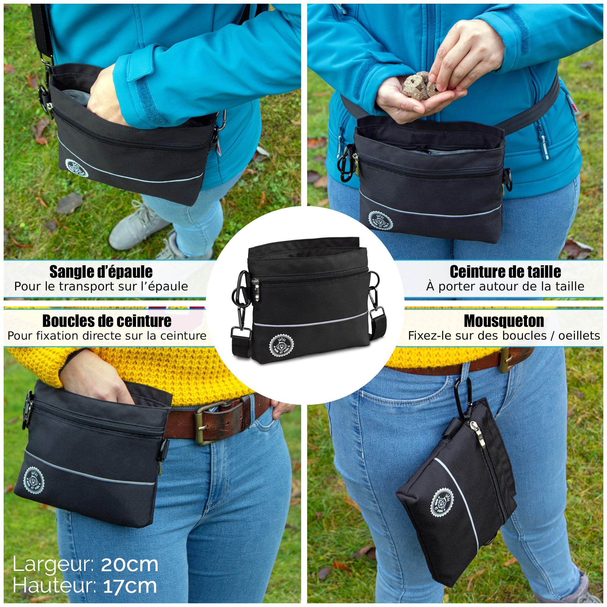 HUND IST KÖNIG Sac à friandises pour chien avec poche magnétique une main, 2 poches à fermeture éclair, poche intérieure amovible, bandoulières rembourrées, parfait pour le dressage des chiens