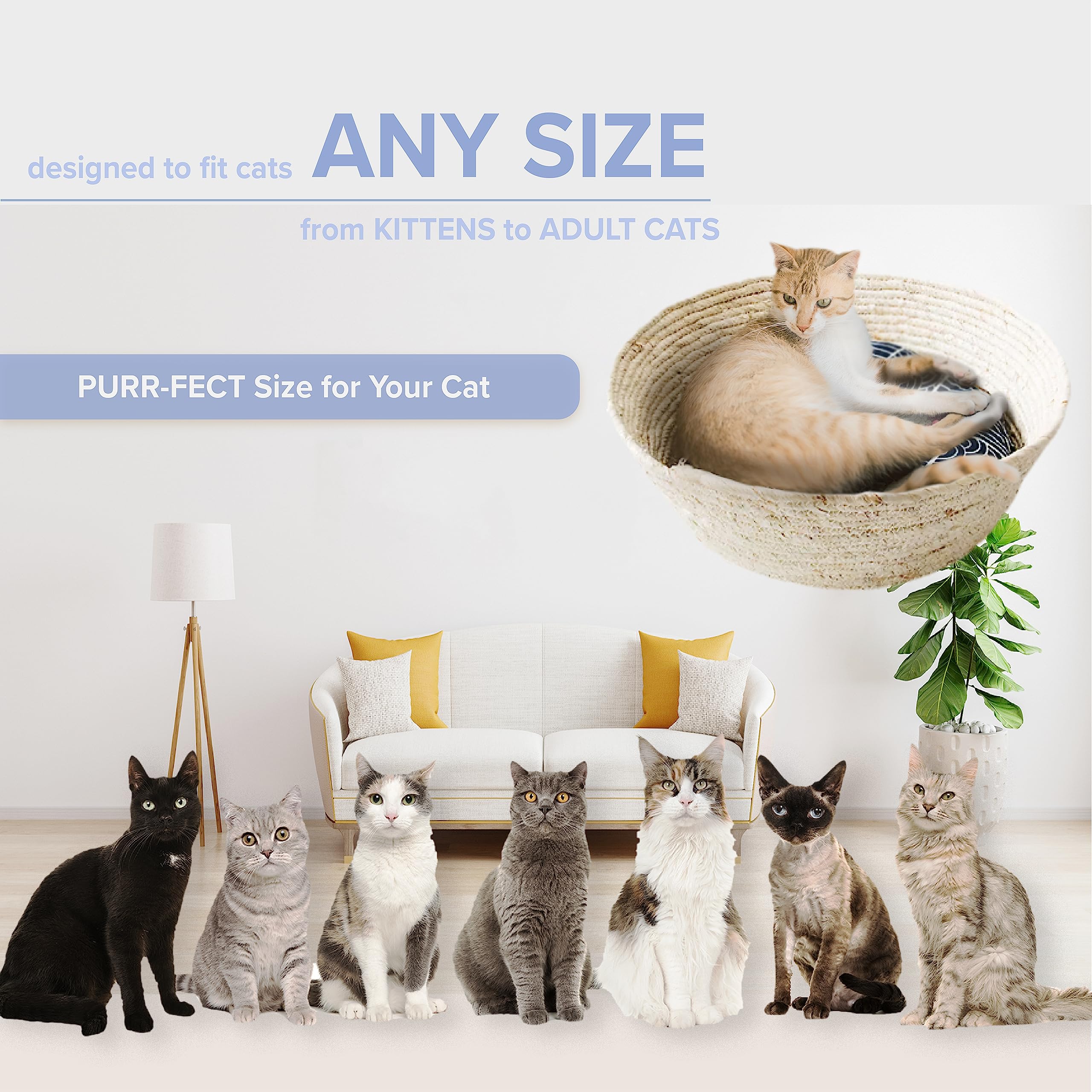 Catfelix Cat Basket Bed - Large Round Rattan Woven Beds for Indoor Cats and Small Dogs with Soft Cotton Cushion Bucket Nest for Your Pet to Cuddle, Cute Circle Baskets for Kitty