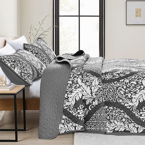 Miniatura 3 de Juego de edredón gris tamaño Queen, juego de colcha de damasco bohemio, juego de ropa de cama de lujo de microfibra suave y ligera, juego de 3