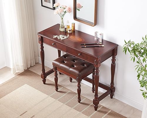 Miniatura 8 de Solid Wood Computer Writing Desk with 2 Storage Drawers, Traditional Vanity Dressing Table, Small Home Office Desk, Corner Table, Easy Assembly