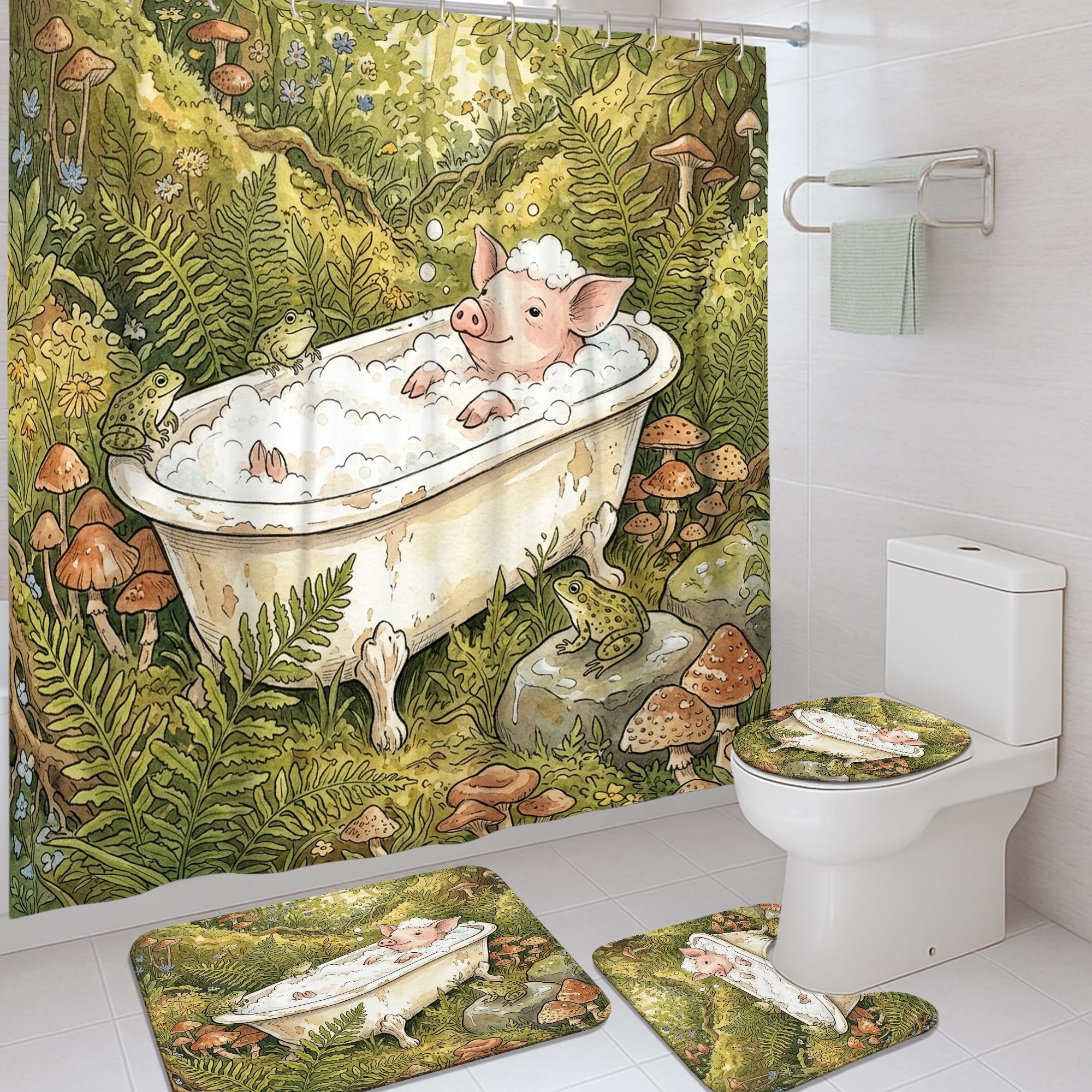 Rideau de douche motif cochon et tapis assorti pour créer une ambiance nature à la maison