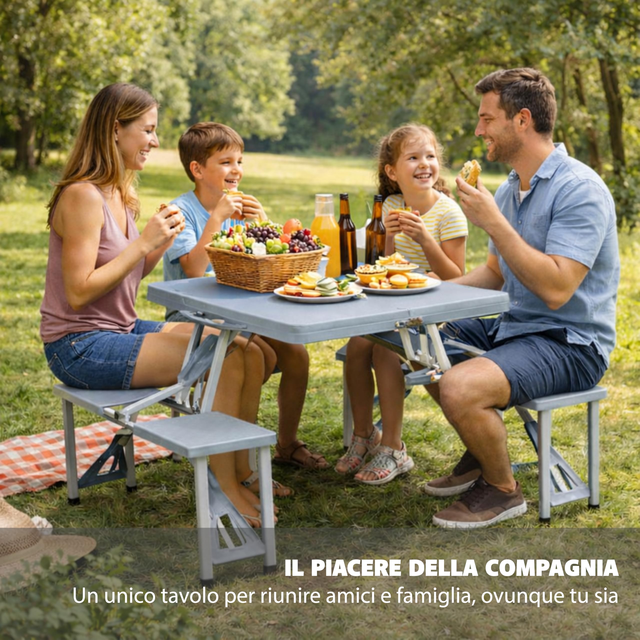 Tavolo Pieghevole con Panche 85,5 x 65 x h 67 cm - da Campeggio, Picnic, per Spiaggia, Salvaspazio, Maniglia di Trasporto, Struttura Acciaio, Richiudibile - Colore grigio