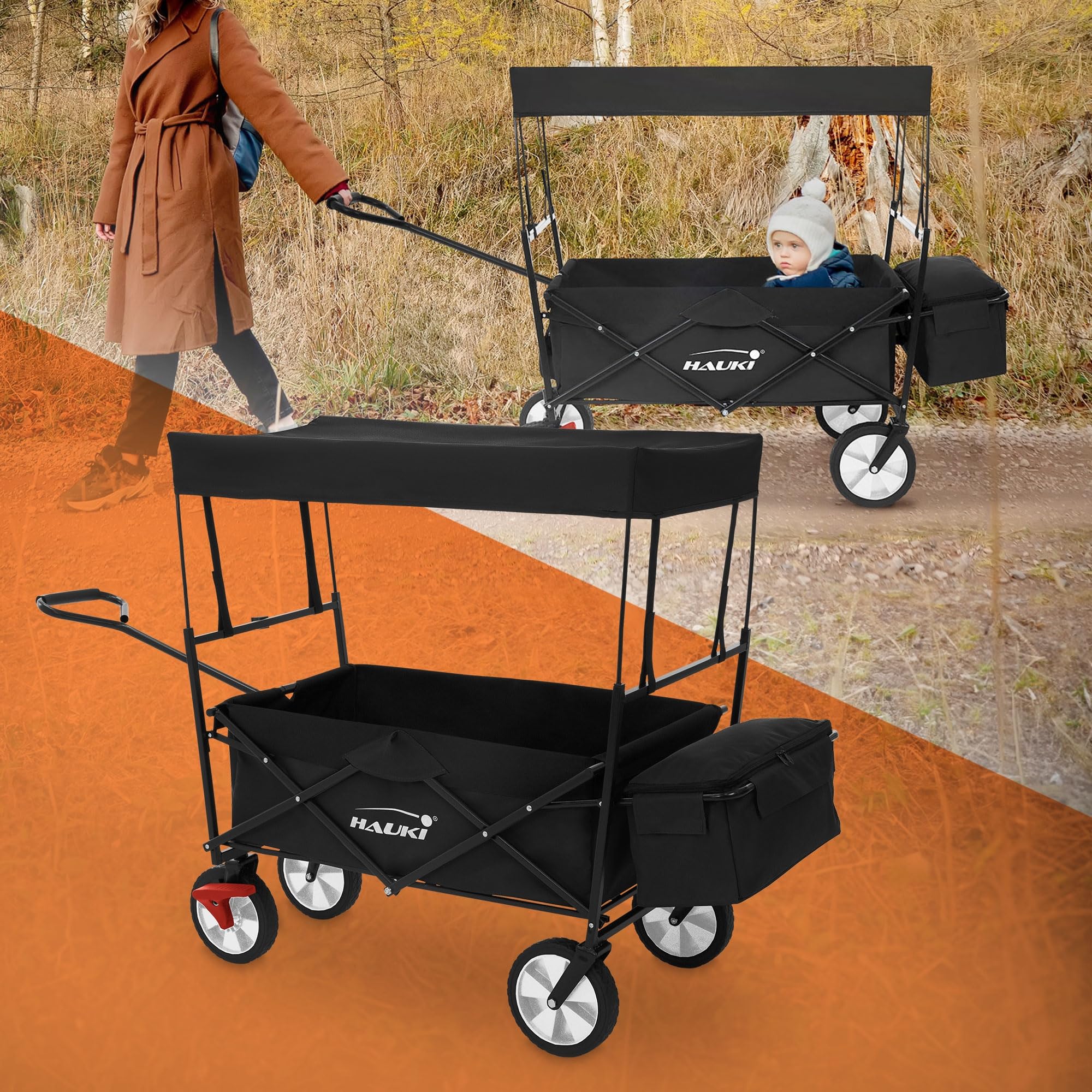 Hauki Chariot de Transport Pliable à Main avec Toit, Noir, avec 2X Poches en Filet/​Extérieure, Roues avec Freins, Pivotante à 360°, Charge Max. 80 kg, pour Enfants/​Outils, Jardin Plage