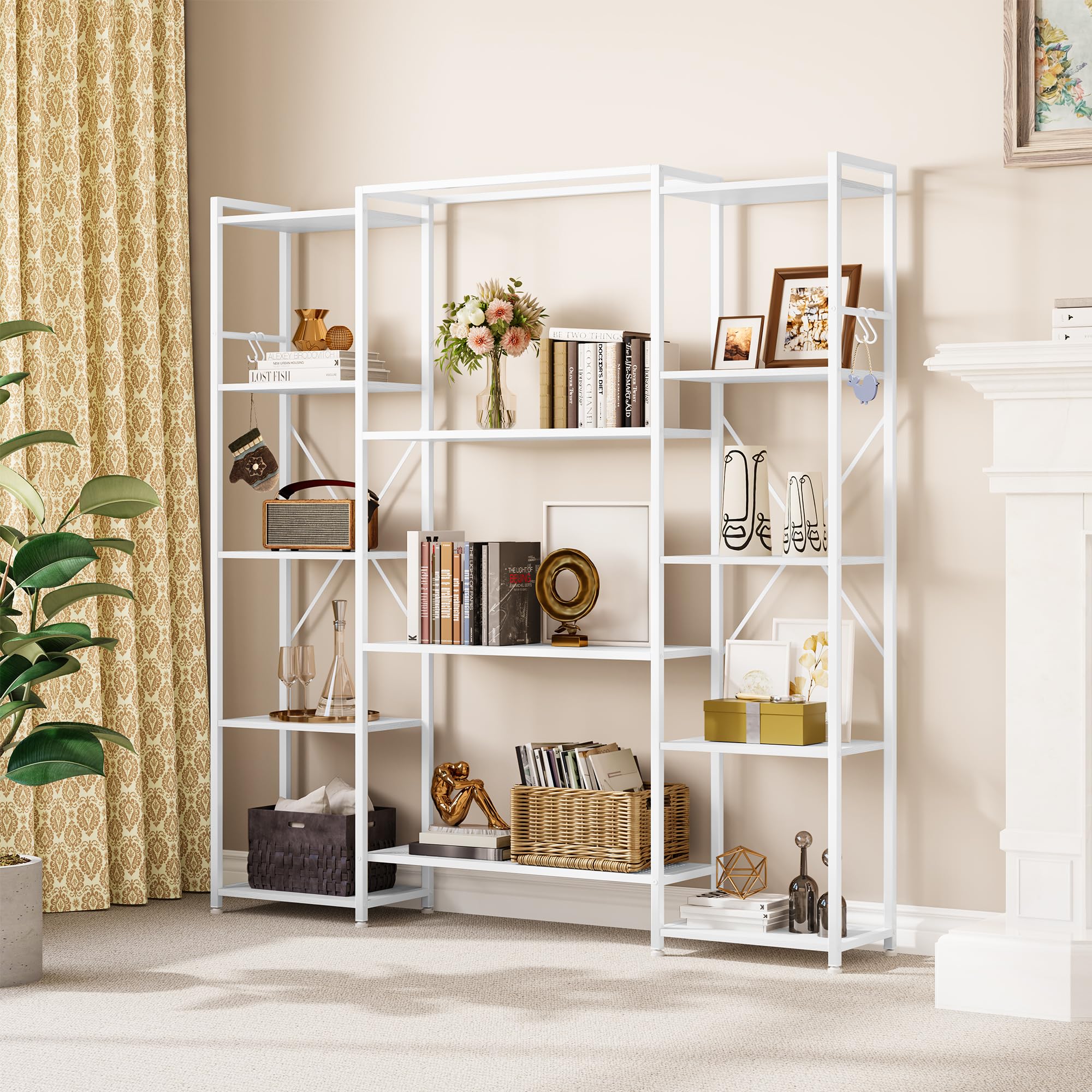 YITAHOME Estantería, Librería Industrial para Libros con 13 estantes, Estantería de pie con Estructura de Metal, Estante de Almacenamiento, para Sala de Estar, Oficina en casa, Blanco Puro