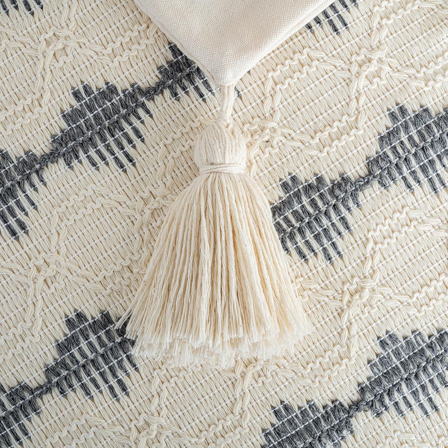 Fancy Homi Set of 2 Neutral Grey Farmhouse Lumbar Decorative Throw Pillow Covers 12x20 Inch for Couch Bed Chair, Vintage Country Rustic Retro Room Decor, Soft Rectangle Cushion Case with Tassels - Image 4