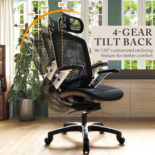 Miniatura 6 de GABRYLLY Silla de malla de oficina, silla de escritorio ergonómica con asiento deslizante mejorado, reposabrazos abatible ajustable y reposacabezas