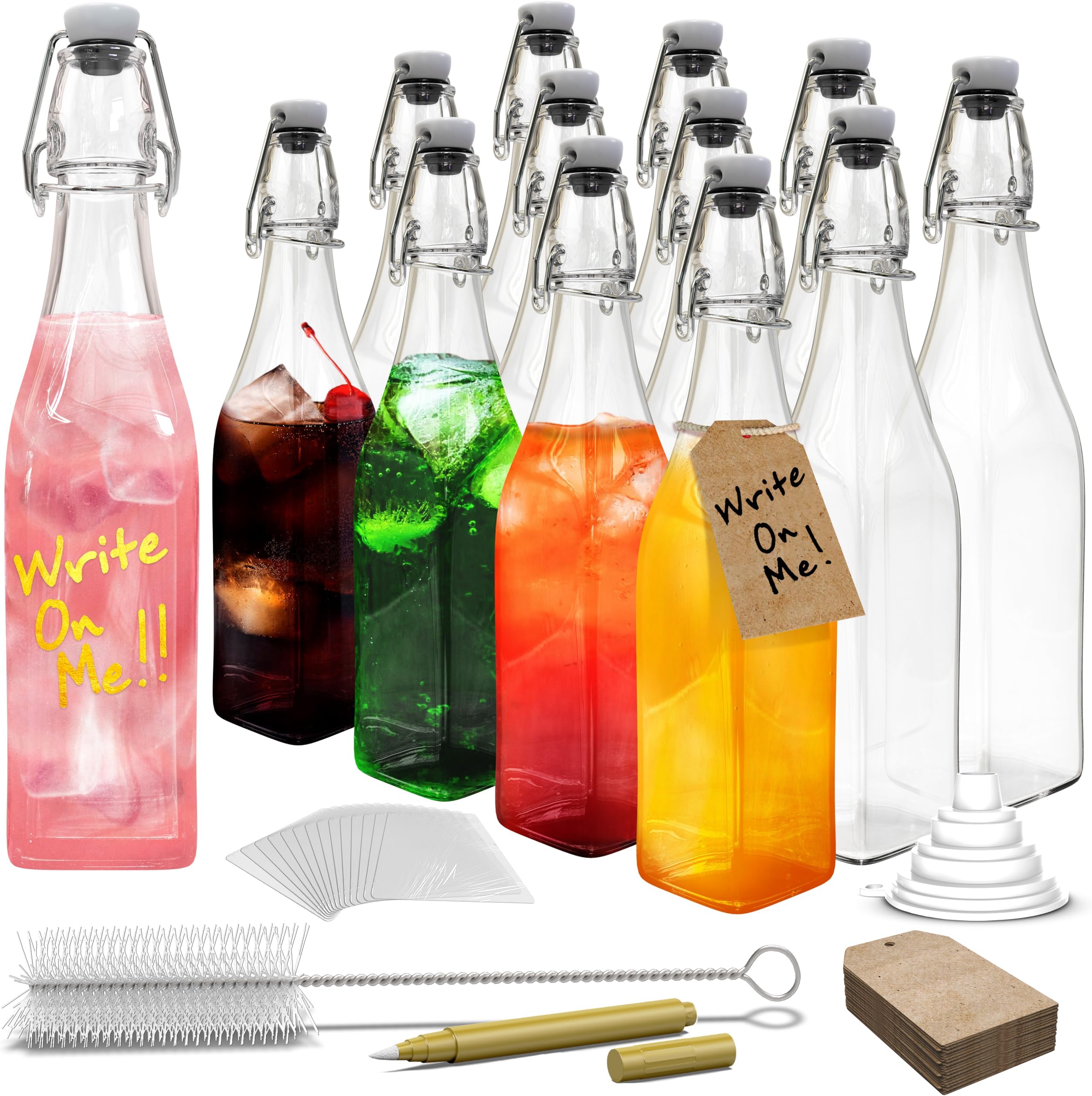 - 17 Oz Swing Top Glass Bottles with Airtight Lid | Flip Top Glass Bottle with Stopper 12 Pack | Empty Beer Bottles for Home Brewing | Bottling Kit w/Shrink Wrap, Funnel, Brush, Marker & Tags