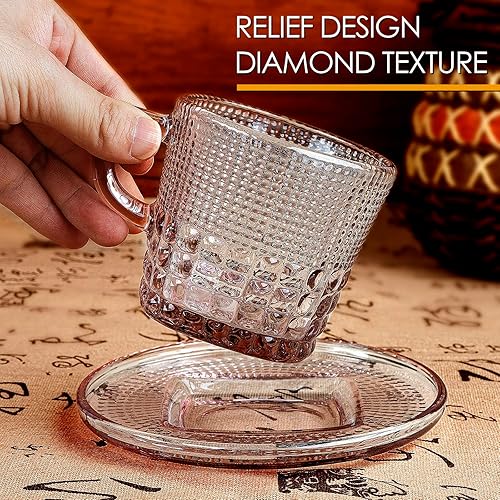 Miniatura 5 de Linkidea Taza de café de vidrio vintage con platillos de 6 onzas para café y té en relieve juego de cristalería para desayuno plato de postre para
