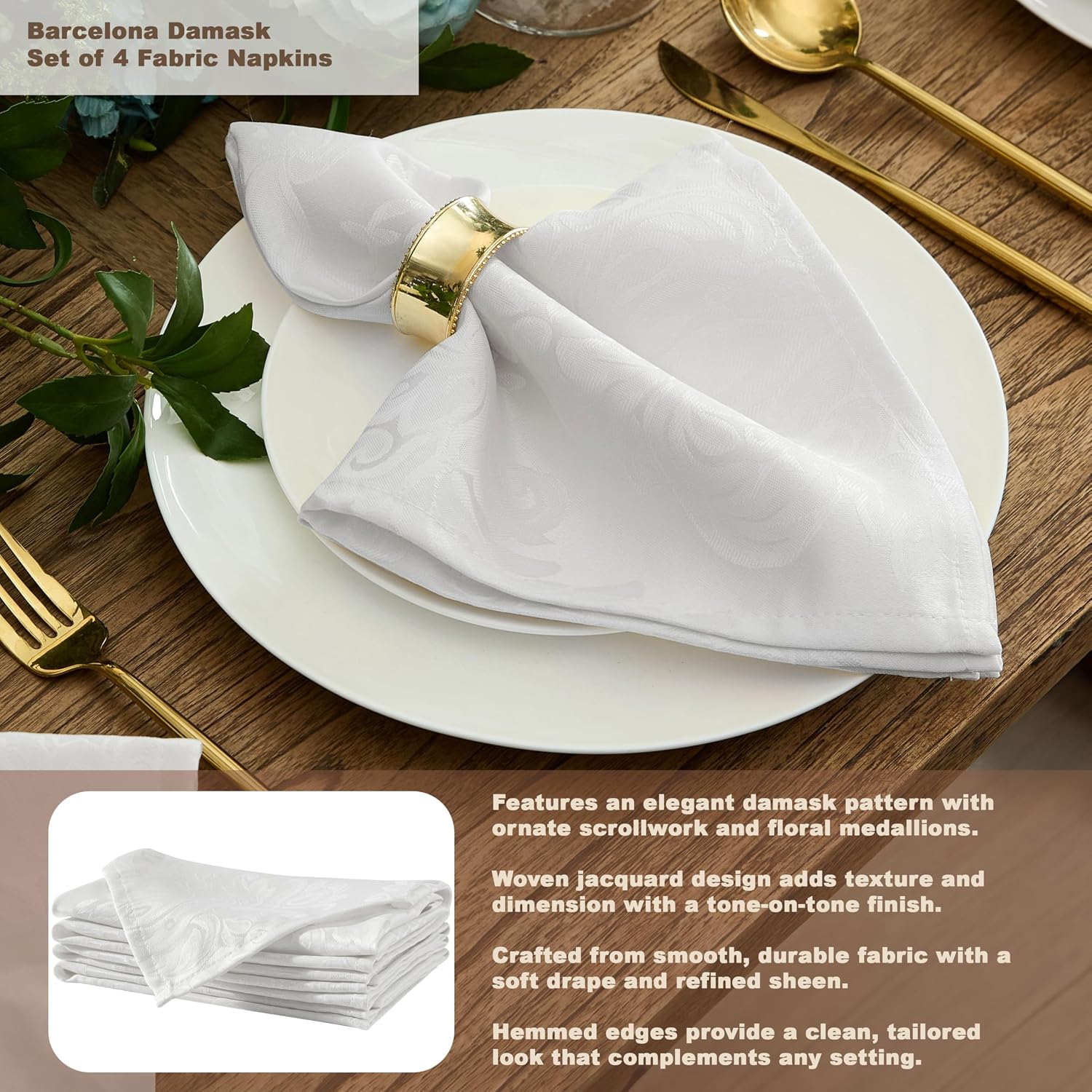 Newbridge Barcelona Luxury Damask Fabric Tablecloth, 60” Wide x 102” Oval, White, 100% Polyester, No Iron, Soil Resistant Dining Room, Party and Banquet Table Cover