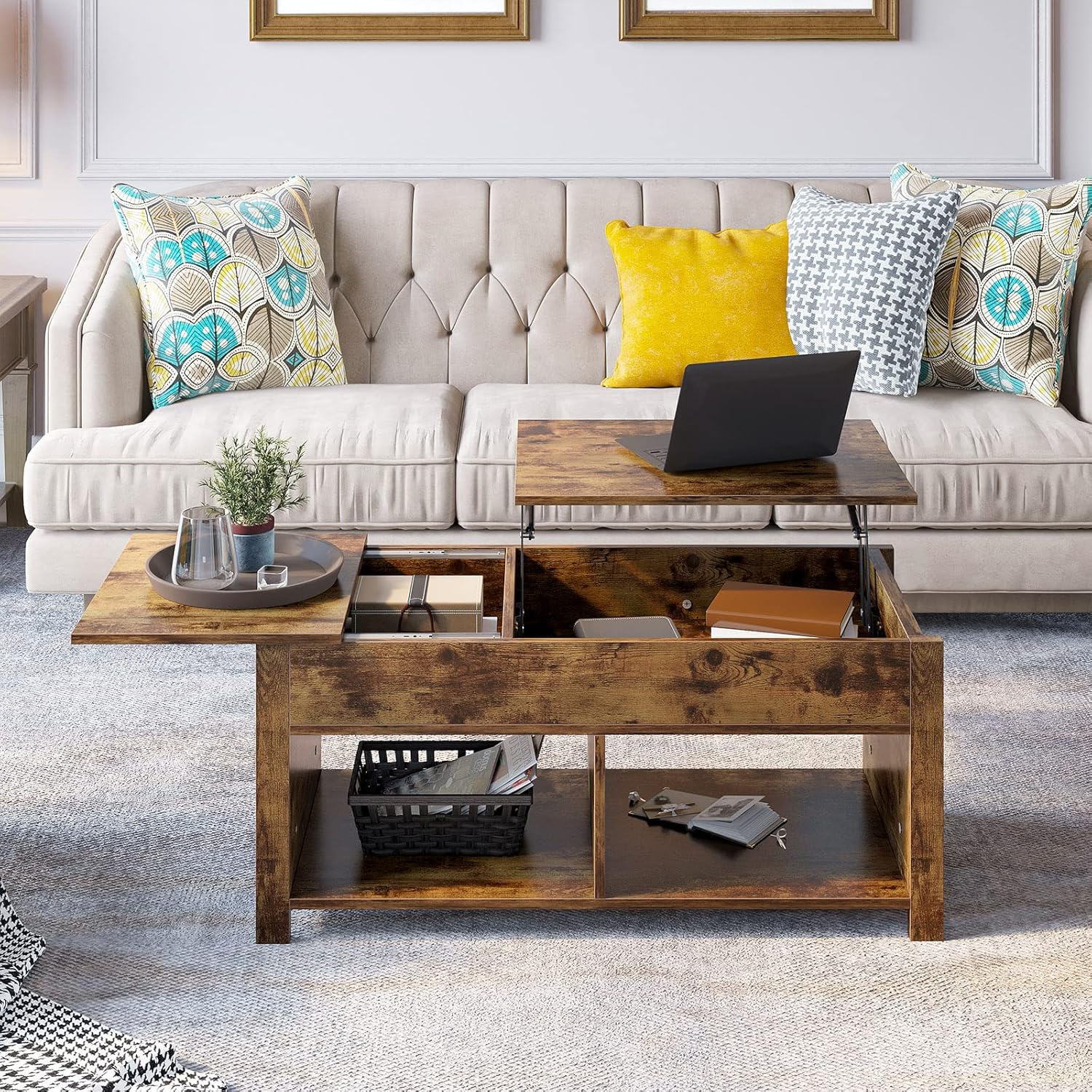 YITAHOME Living Room Table Sets 3 Piece Coffee Table Set of 3 for Living Room, Two 2-Tier X-Design End Table Set with Lift Top Coffee Table,Rustic Brown : Home & Kitchen