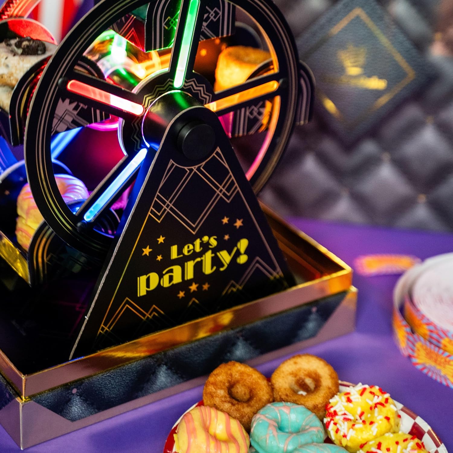 Luxe Mini Donut Ferris Wheel Box by Send A Cake – Ready to Gift, No Assembly Needed – 10 Mini Cake Donuts, Spins, Lights Up & Music – Unique Birthday & Celebration Gift for Women, Men, Adults, Kids