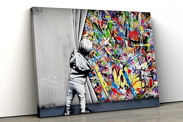 52 North Banksy little boy pulling curtain to reveal graffiti Canvas famous Wall Art Print Various Sizes (A4 (12x8inch))