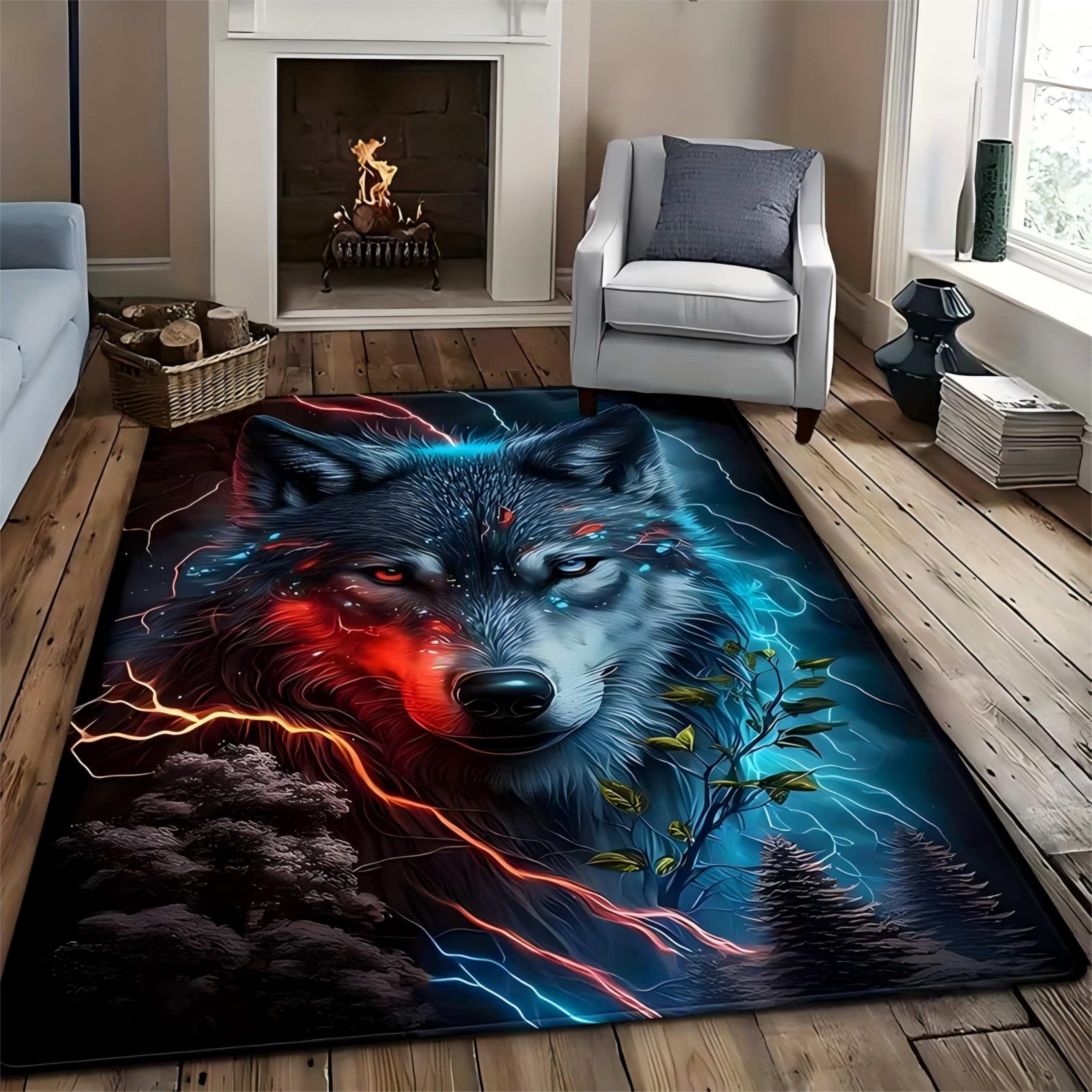 Wolf Area Rug, 180x230cm Forest Lightning Cool Wildlife Wolf Large Rug, Non-Slip, Low-Pile, Machine Washable Black and Blue Carpet Mat for Living Room, Bedroom, Dining Room, Bedside, Home Decoration