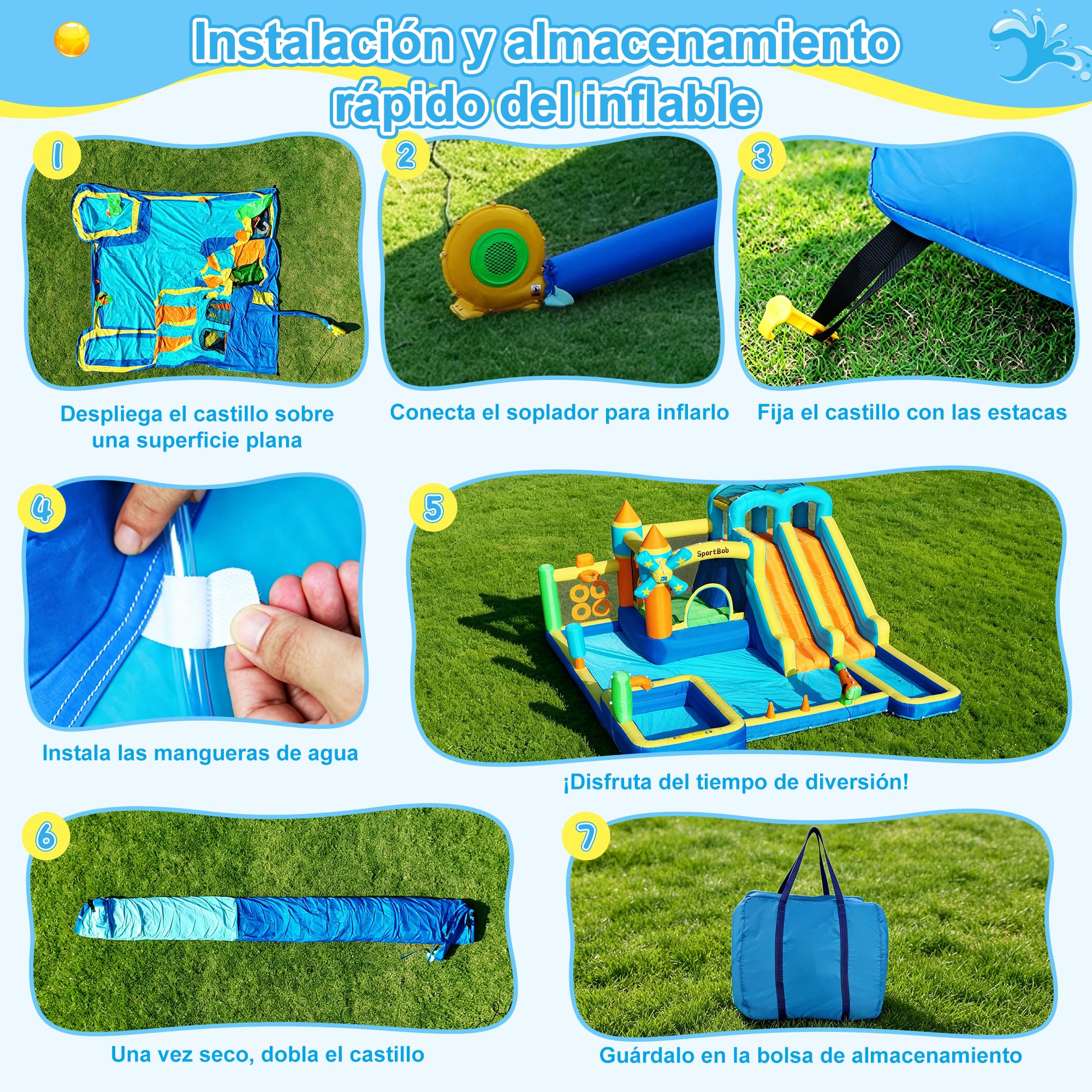 Castillo hinchable con doble tobogán, soplador, piscina infantil, zona de salto y pared de escalada, ideal para uso en interiores y exteriores, reuniones familiares y ocasiones de cumpleaños