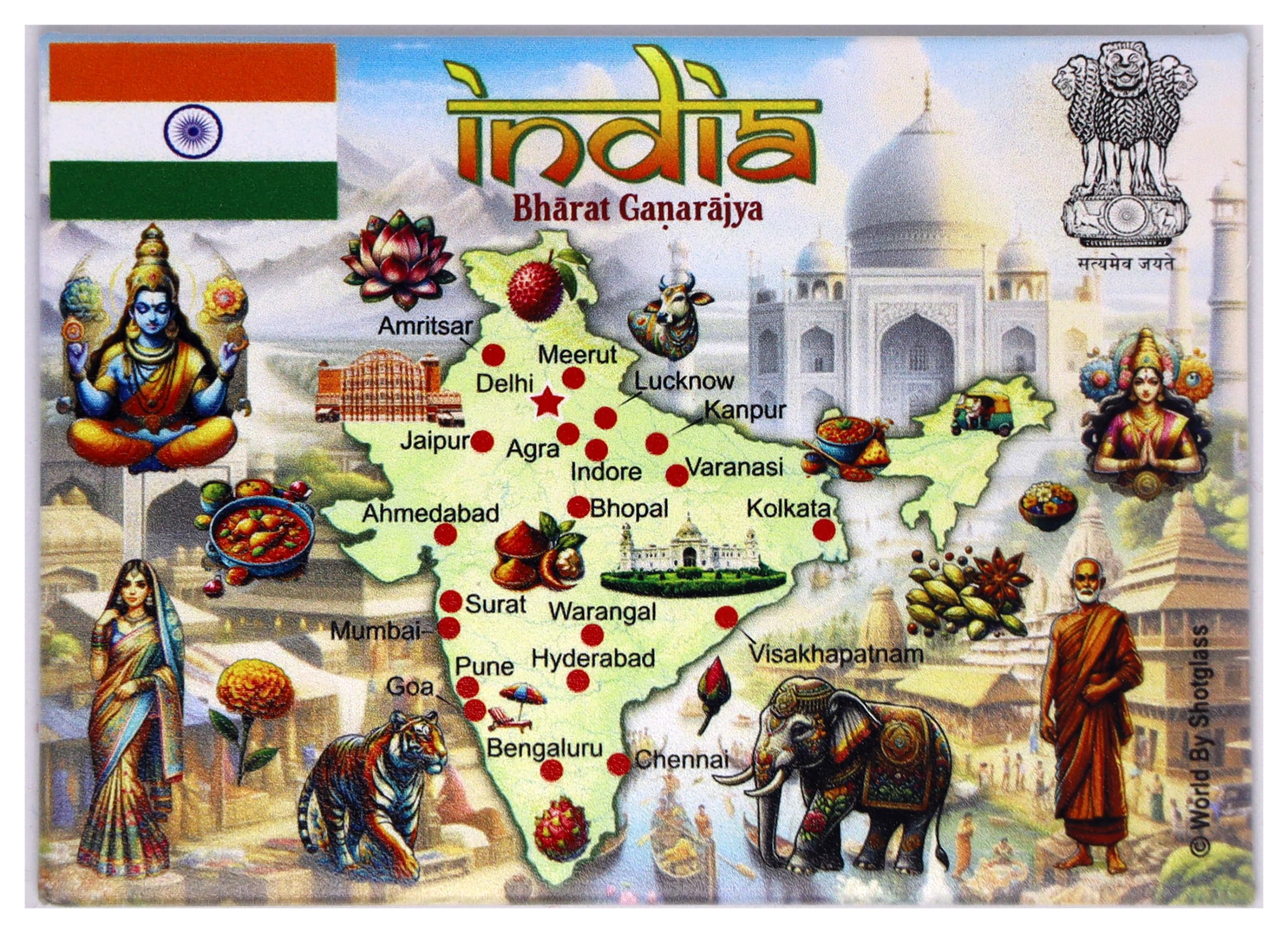India Graphic Map and Attractions Souvenir Fridge Magnet 2.5" X 3.5"