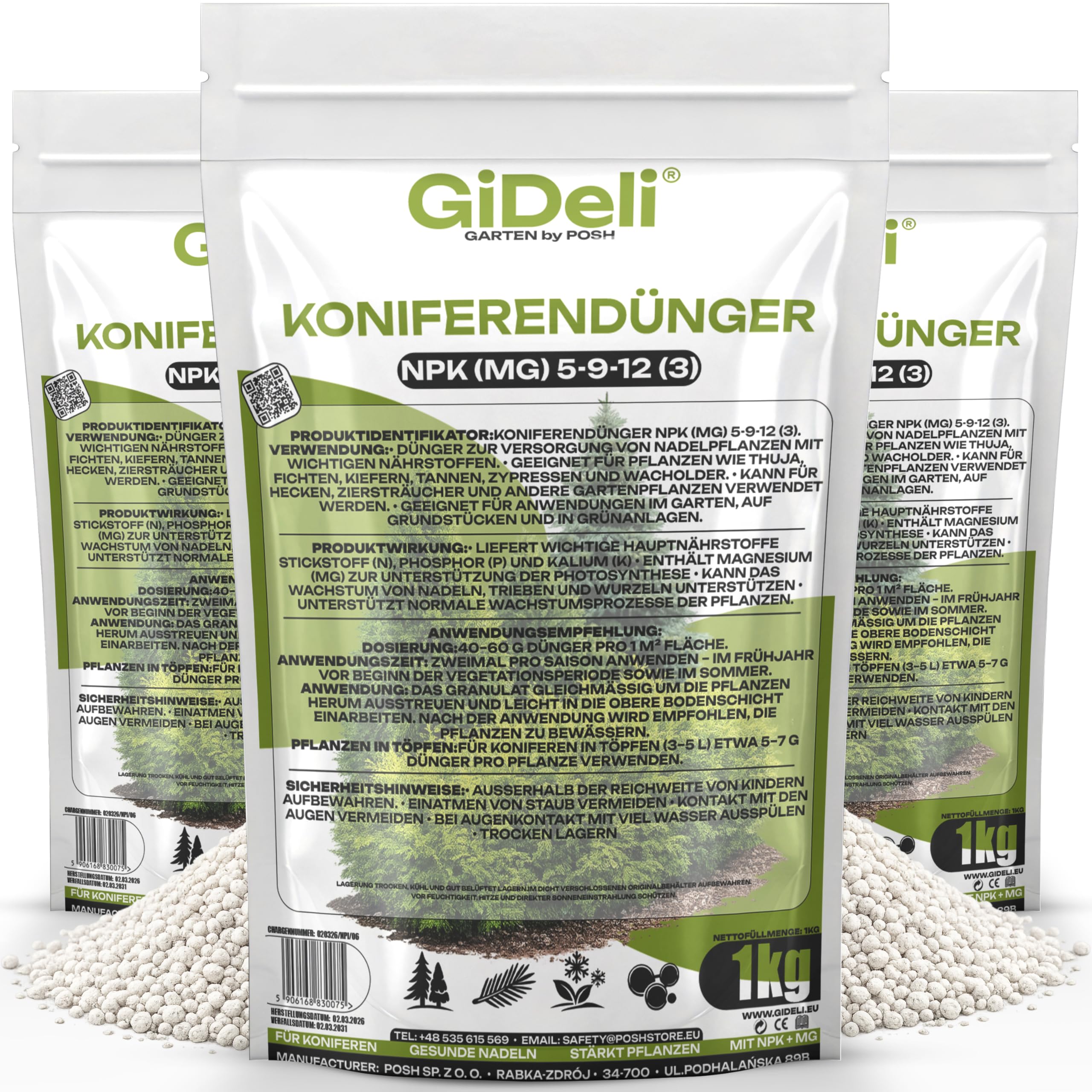 GiDeli Koniferendünger 3 x 1kg - Thuja Dünger Frühjahr mit Vielseitigen Anwendungsmöglichkeiten - Universaldünger für Hecken und Ziersträucher