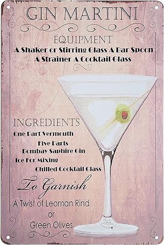 Cartel de placa de metal para decoración de pared de 8 x 12 pulgadas para cócteles y bebidas (GIN MARTINI)