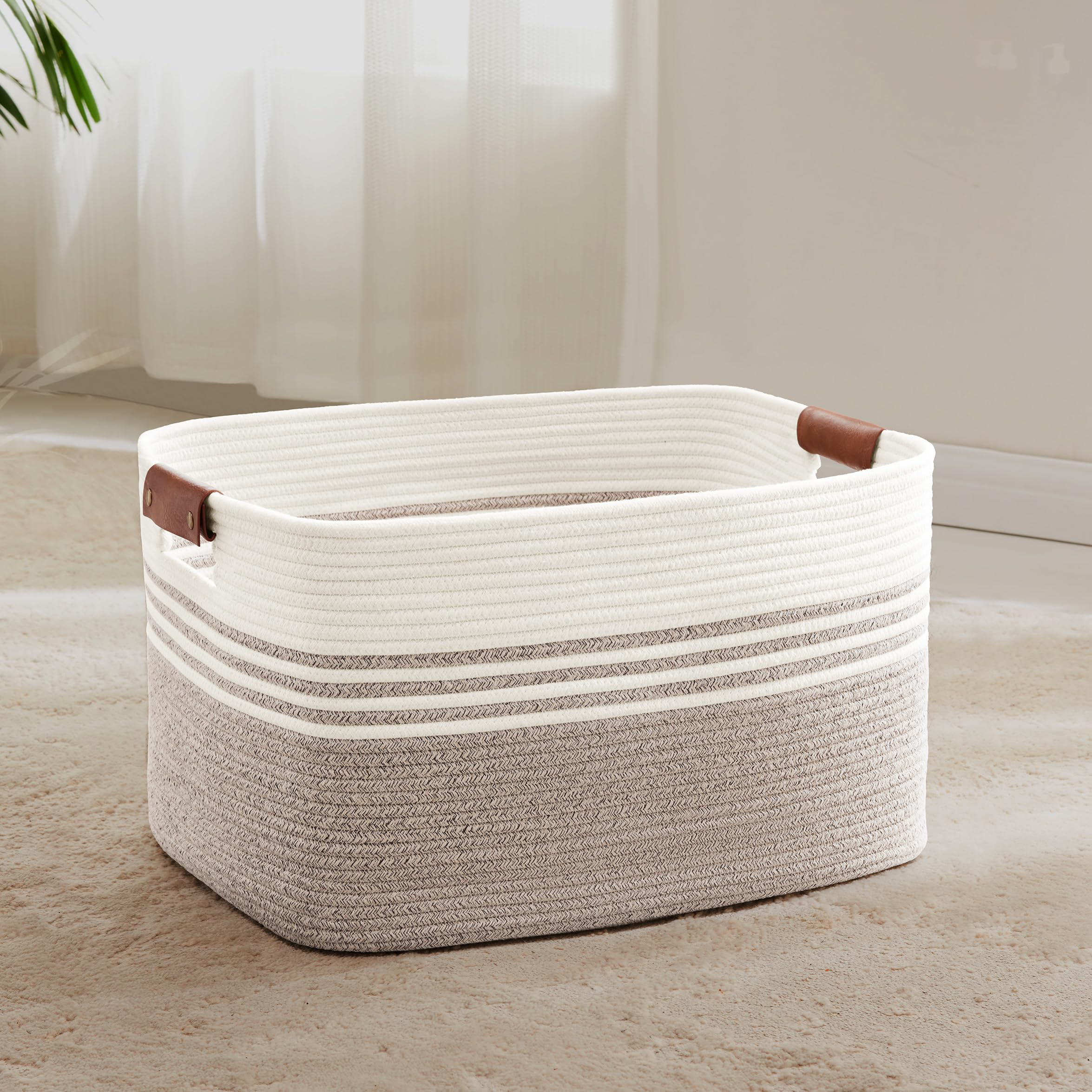 MYHOMMATTO 60L Large Laundry Basket with Leather Handles for Living Room Storage, Woven Rope Baskets Bin for Blanket, Kids Toy, Gifts, Wicker Hamper for Bedroom Dirty Clothes,21"x15"x11"White Brown