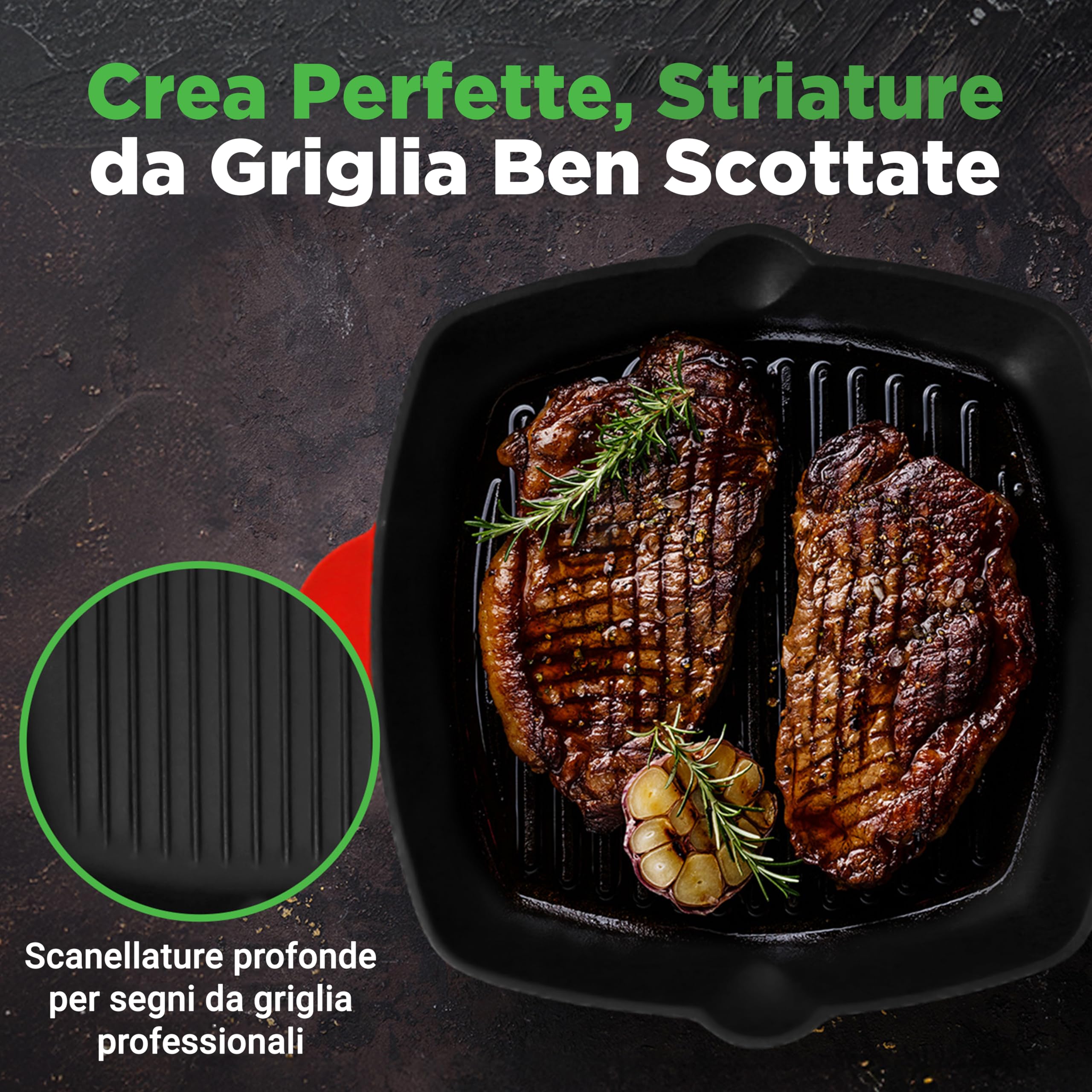 NutriChef Bistecchiera Antiaderente in Ghisa Smaltata da 28 cm, Padella Quadrata con Beccuccio, Compatibile con Tutti i Piani Cottura, Segni di Grigliatura