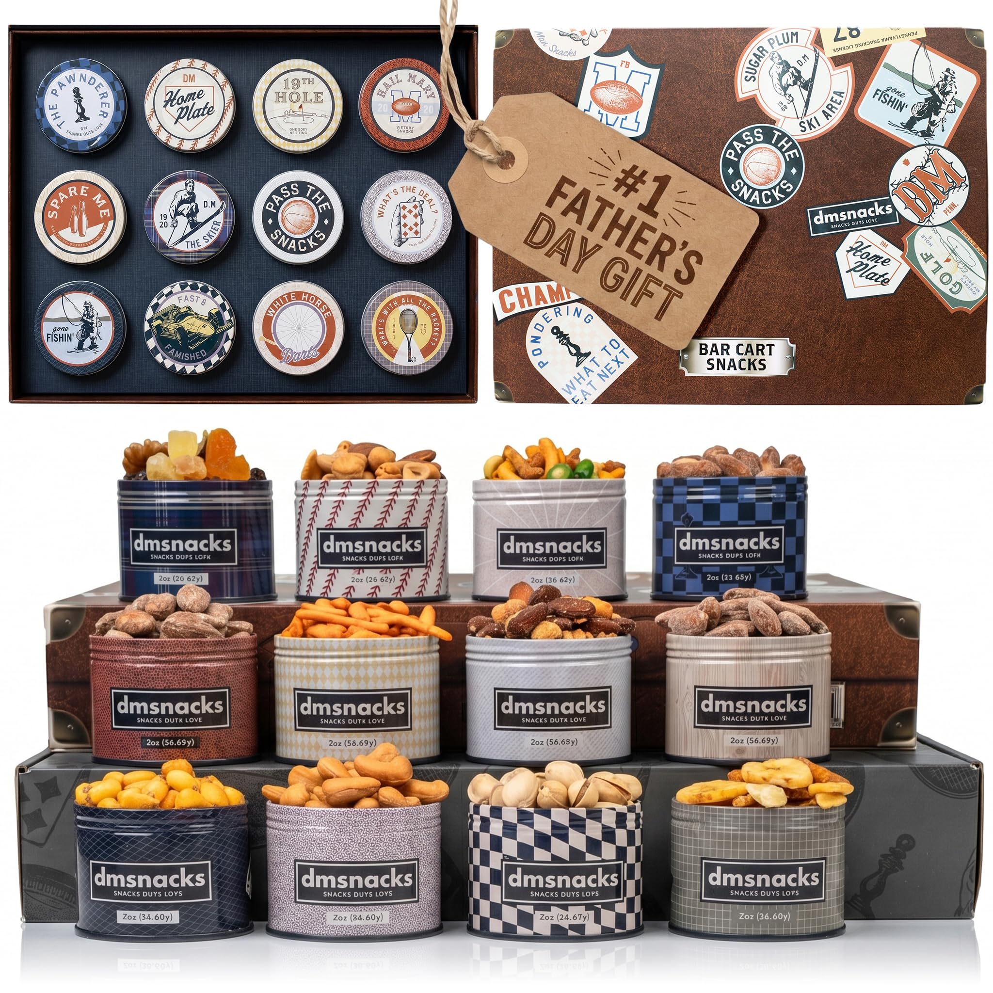 Snack Box Gift Basket for Men, Fathers Day Gift, Birthday Gift for Men, Women, Food Care Package, Unique Tins of Assorted Nuts, Snacks in Stunning