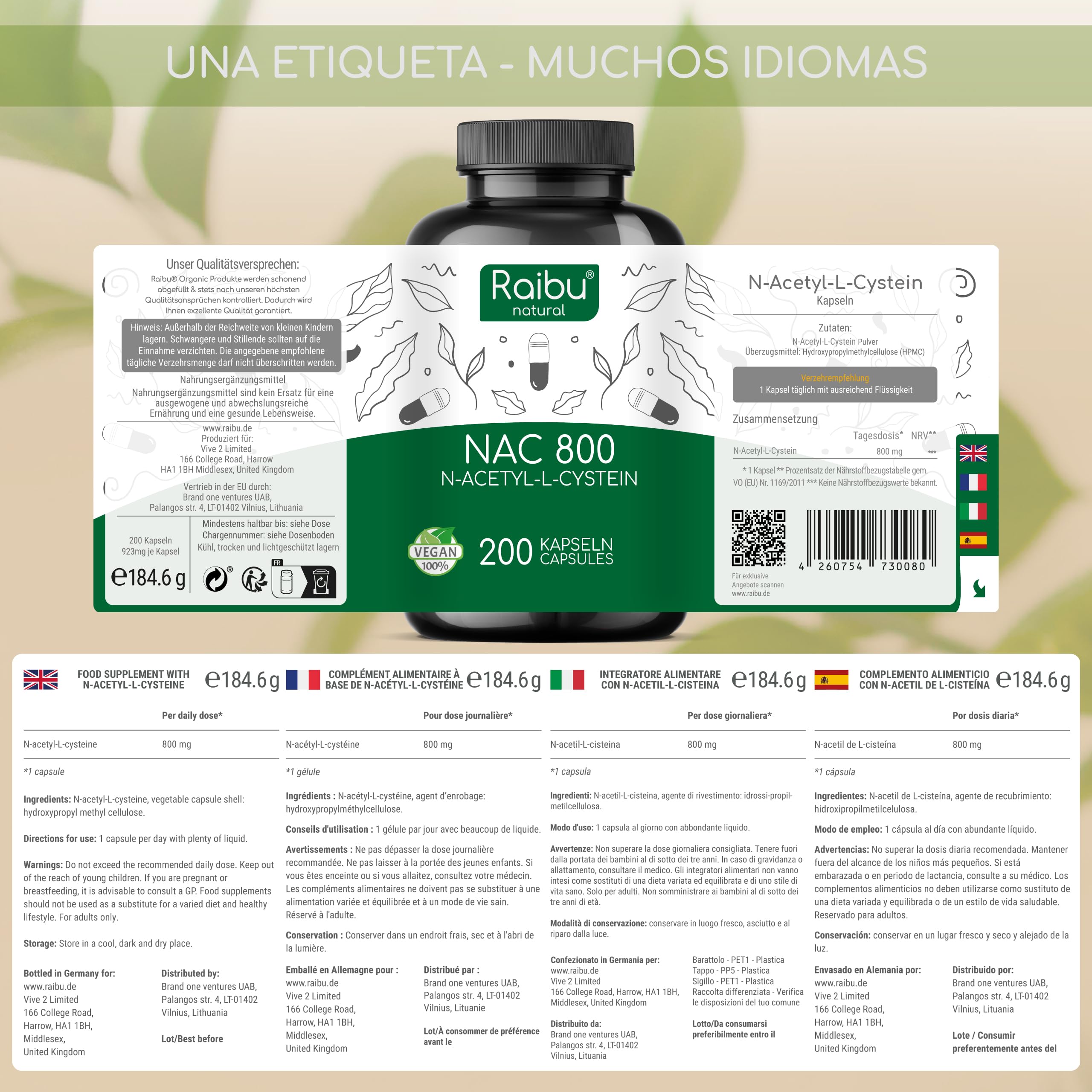 NAC N-Acetil-Cisteína 800 mg - 200 Cápsulas I Alta Biodisponibilidad para Más de 6 Meses I NAC N-Acetil-L-Cisteína de Calidad Natural, Sin Aditivos y Vegano