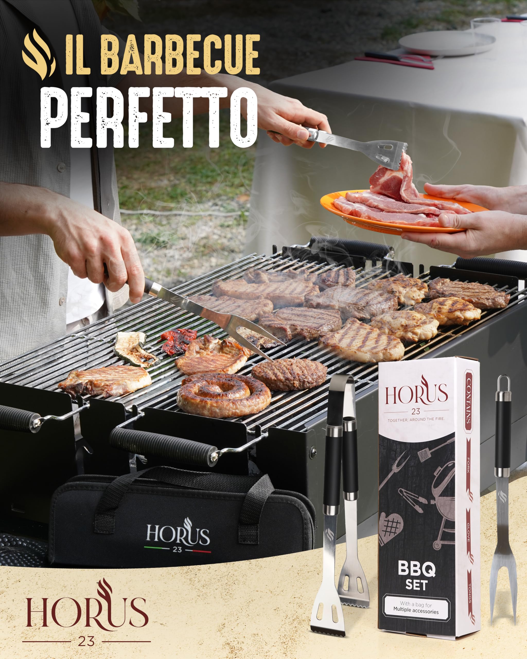 HORUS 23® - Set Accessori Barbecue Professionale con Borsa Porta Attrezzi Barbecue - 4 Accessori BBQ: Pinze, Spatola, Forchettone e Guanto Ignifugo