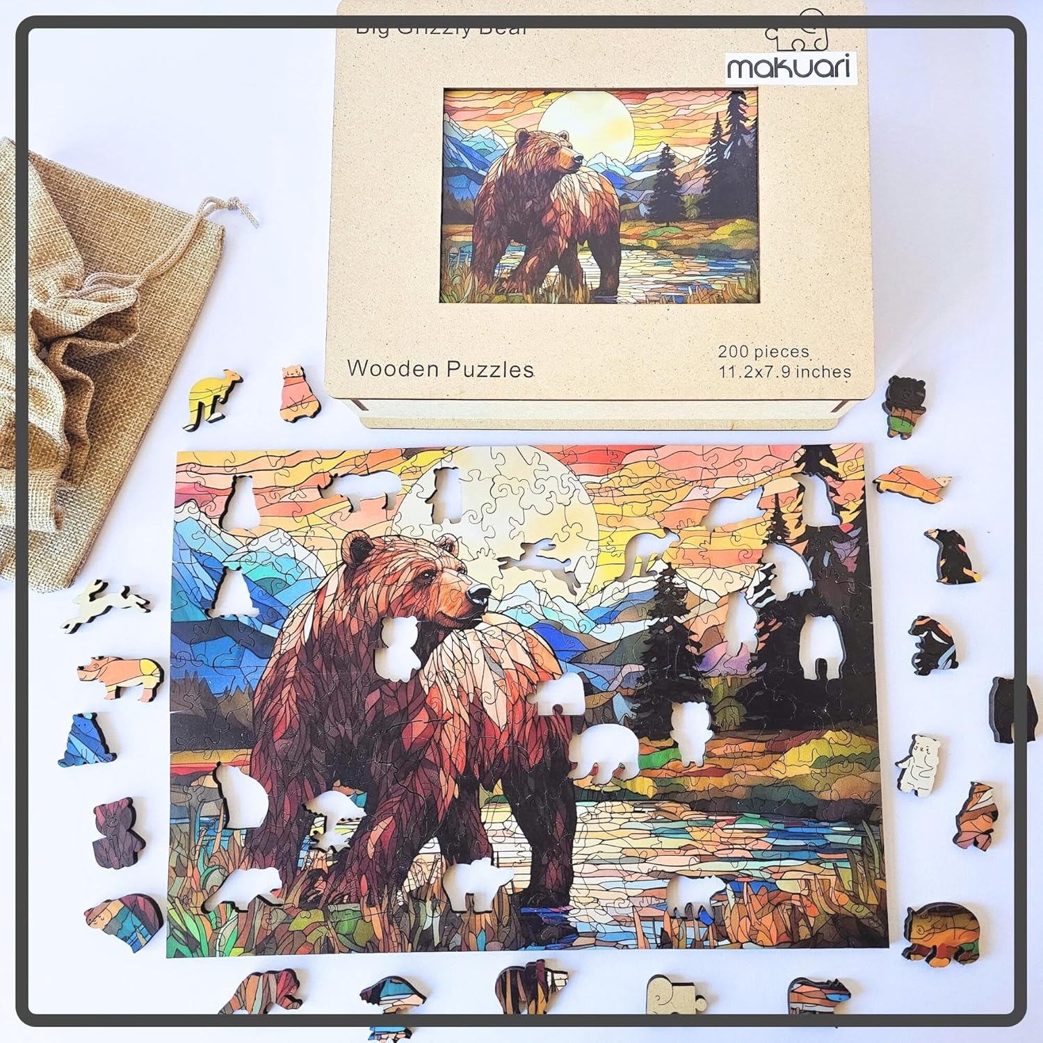 Wooden Puzzles for Adults – 200 Piece Wooden Jigsaw Puzzle with Stained Glass Grizzly Bear Design, Premium 5mm Thick Wood, Unique Art Puzzle and Gift for Puzzle Lovers