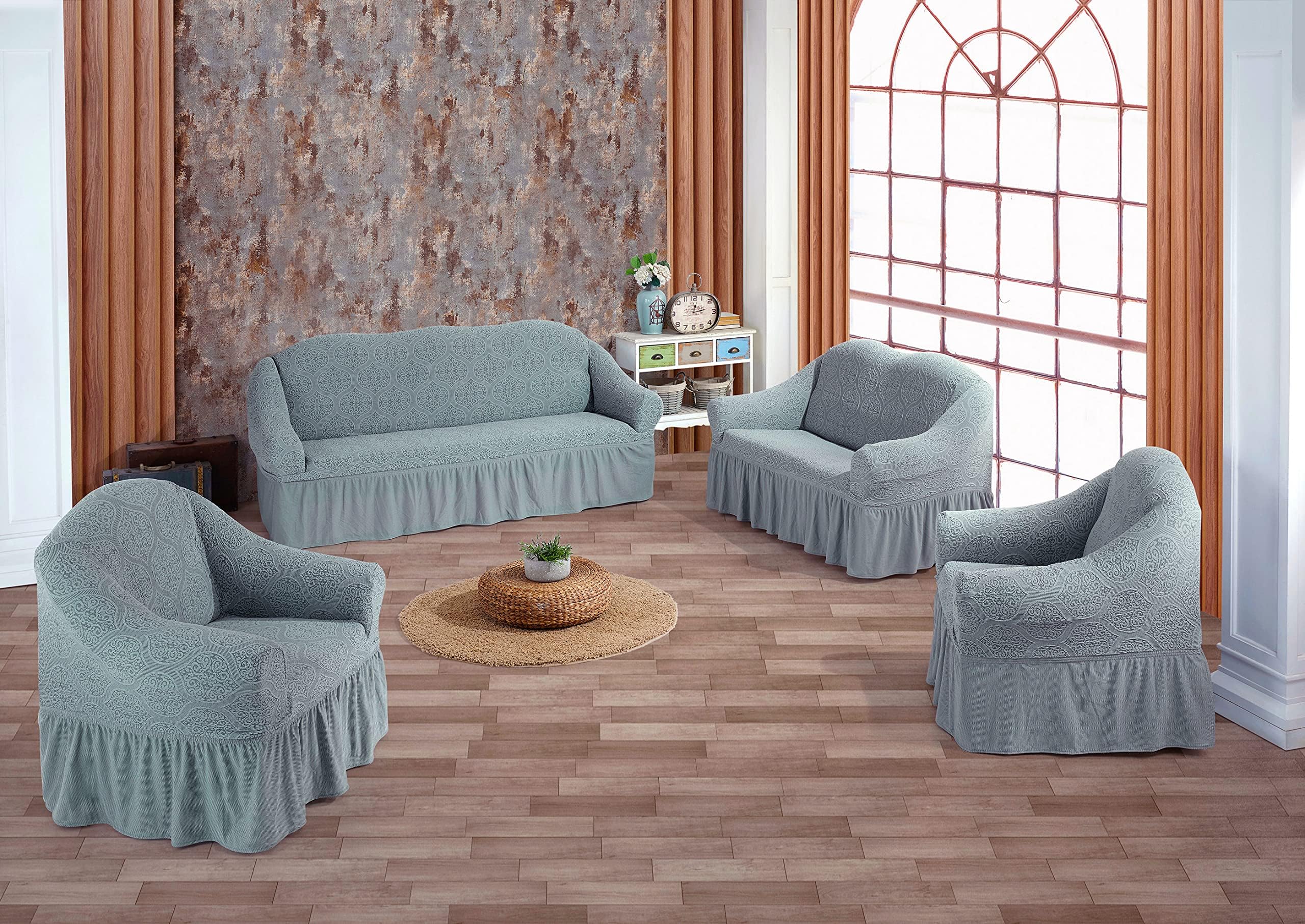 Fabienne Jacquard Fabric Sofa Cover Set Seven Seater Turkish Stretchable Couch Slipcover Set Fits on Standard and Recliner Sofa (Grey)