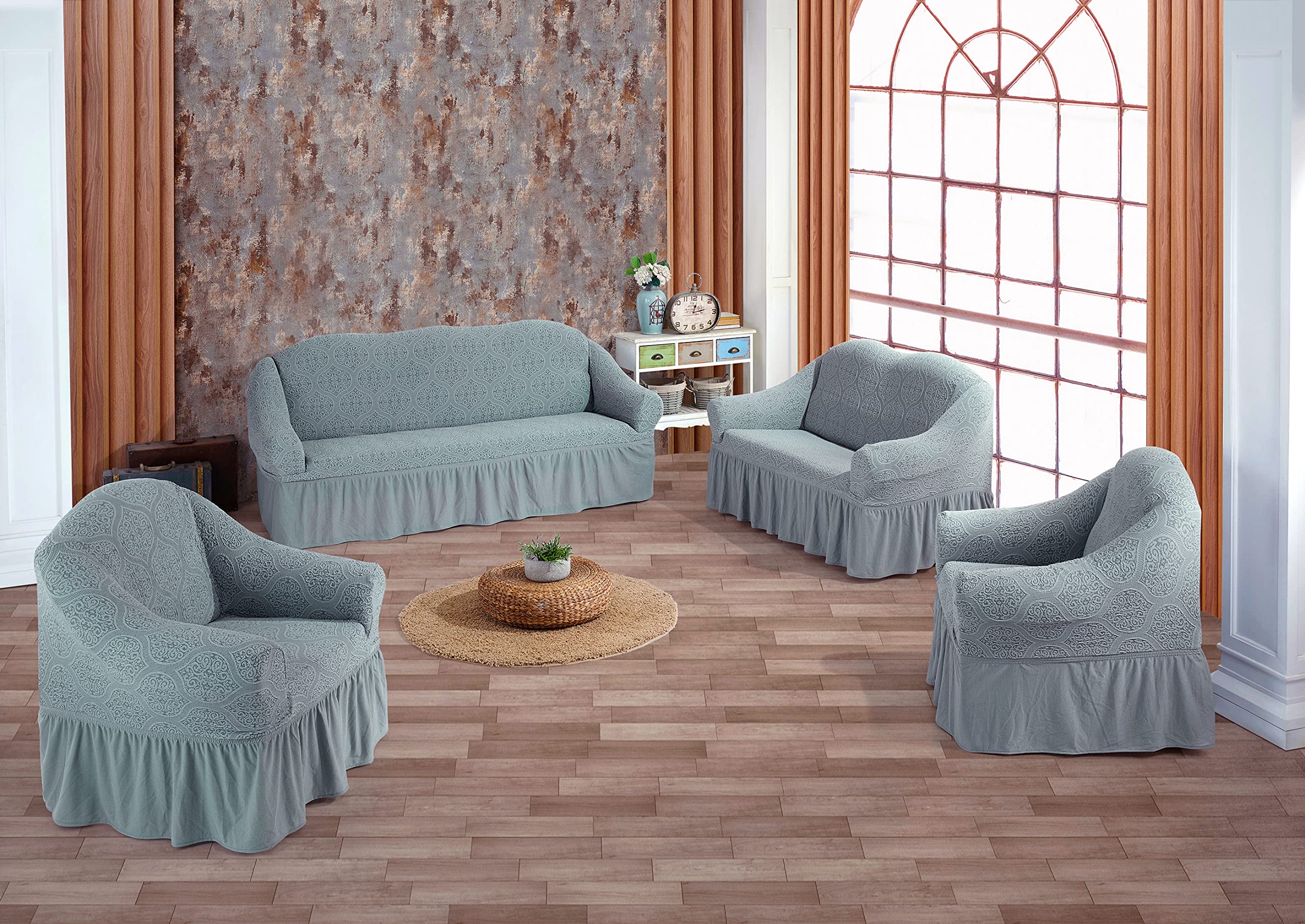 Fabienne Jacquard Fabric Sofa Cover Set Seven Seater Turkish Stretchable Couch Slipcover Set Fits on Standard and Recliner Sofa (Grey)