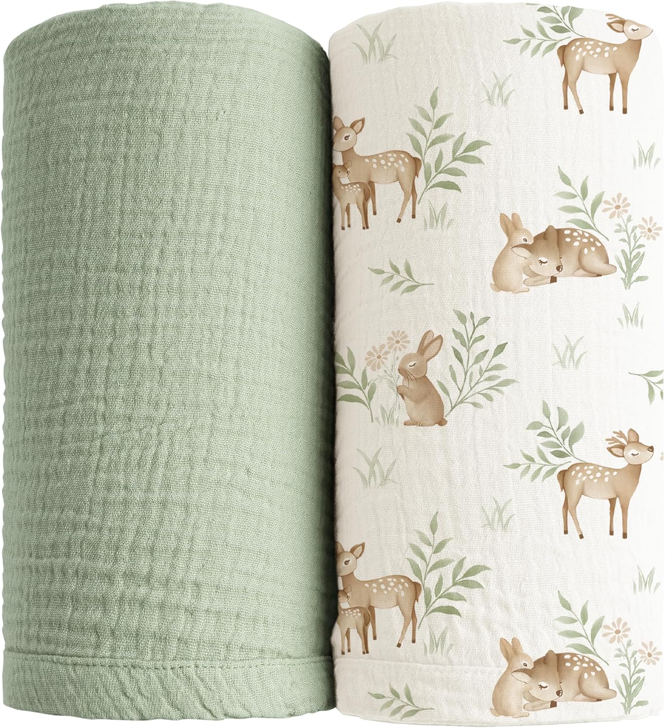 Konssy Muslin Swaddle Blankets for Girls Boys 2 Pack, 100% Cotton Receiving Baby Blanket Large 47 x 47 inches, Soft Breathable Swaddling Wrap for Unisex Newborn (Woodland,Sage)