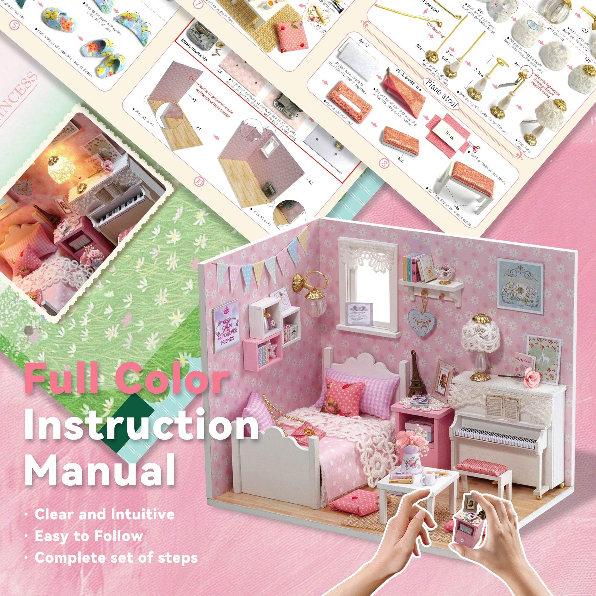 Kit de casa en miniatura, kit de casa pequeña con luz LED, mini kits de manualidades de construcción de casa para adultos y adolescentes, decoración del hogar, regalo creativo para familias 9