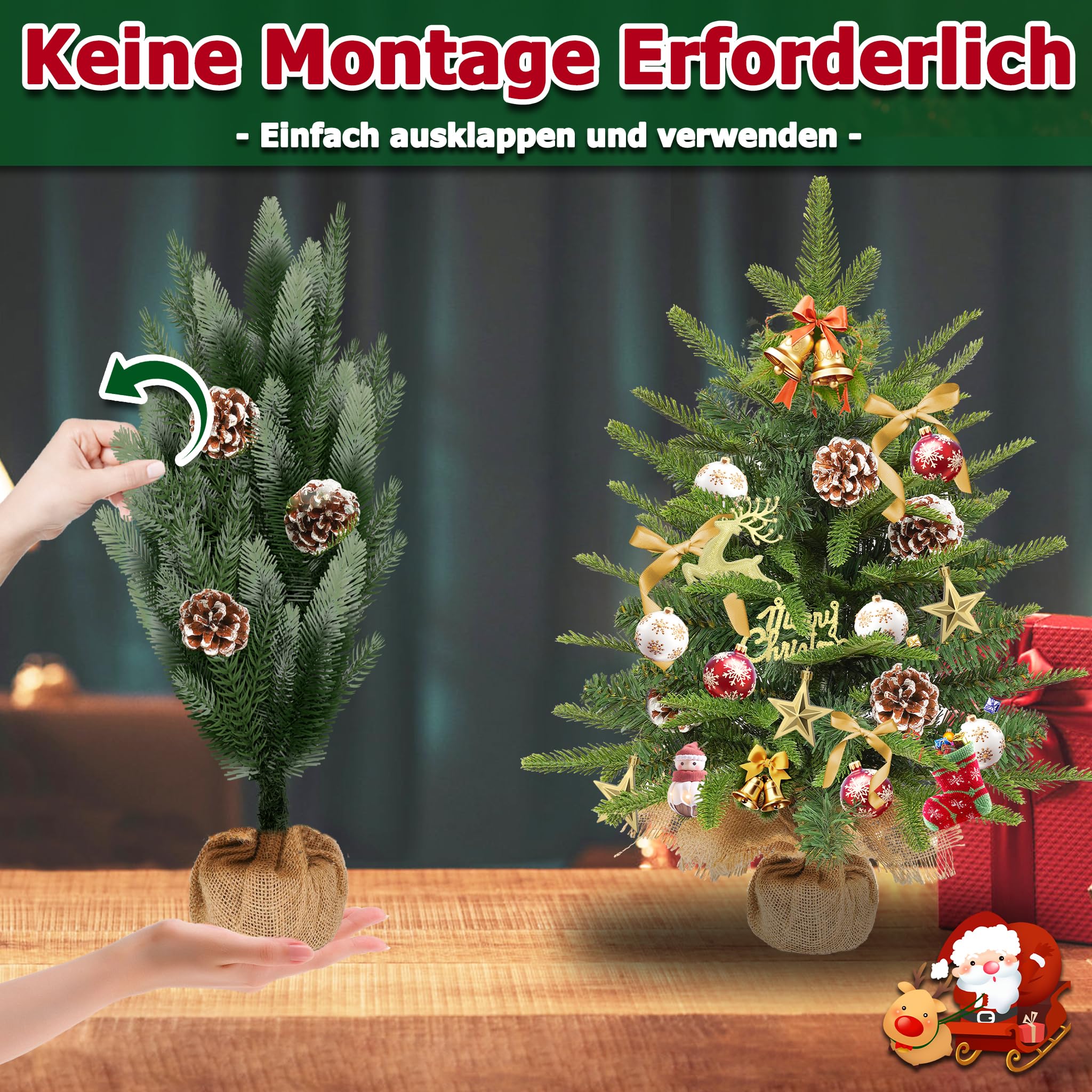 LILIIN Mini árbol de Navidad decorativo de 60 cm de PVC + PE, árbol de Navidad artificial, pequeño árbol de Navidad con cadena de luces LED, incluye caja de pilas y base (juego de 2)