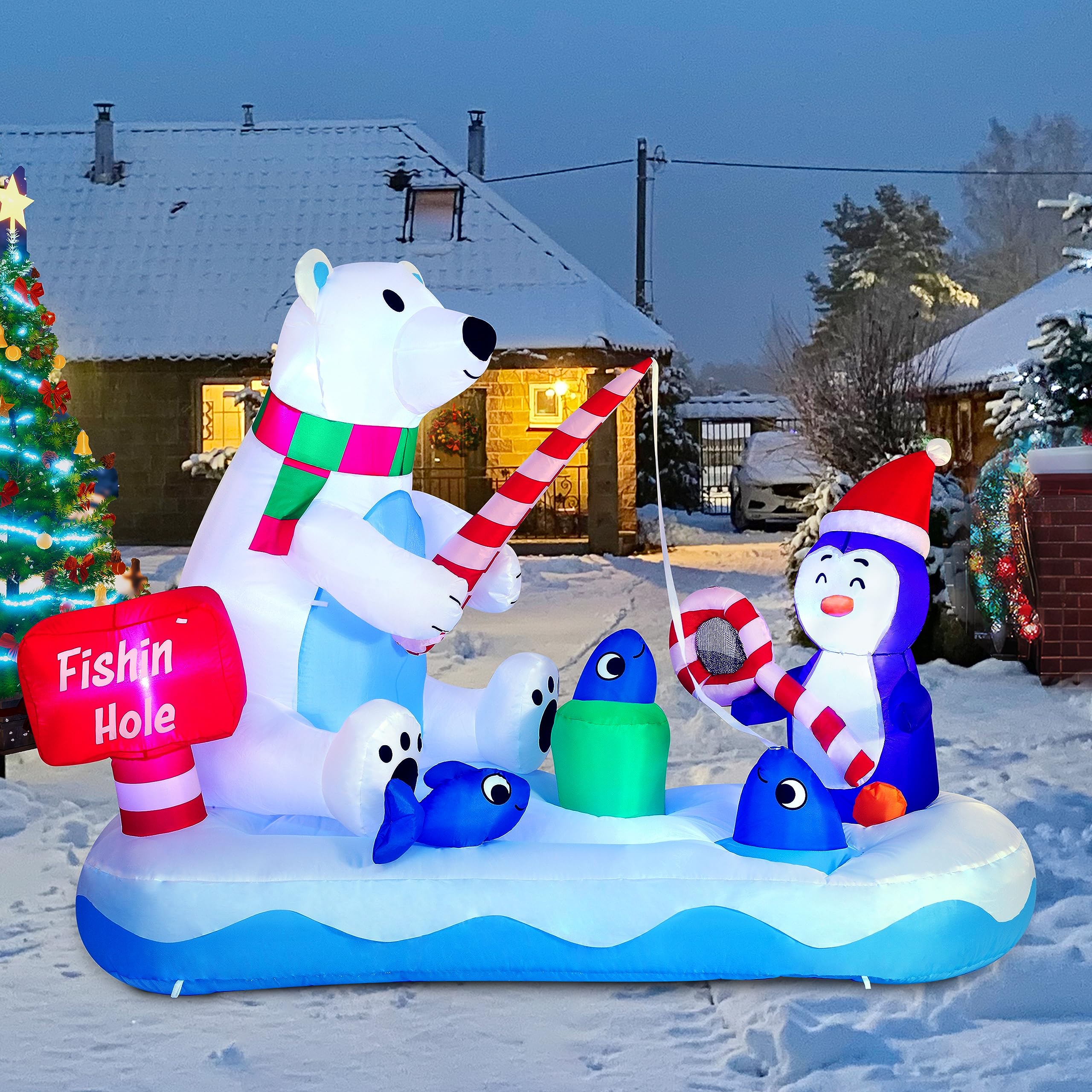 Joiedomi 6 FT Long Christmas Inflatable Penguin & Polar Bear Decoration, Blow Up Yard Decoration Fishing Hole Sign with Build-in LEDs for Christmas Party Indoor Outdoor Yard Garden Lawn Decorations