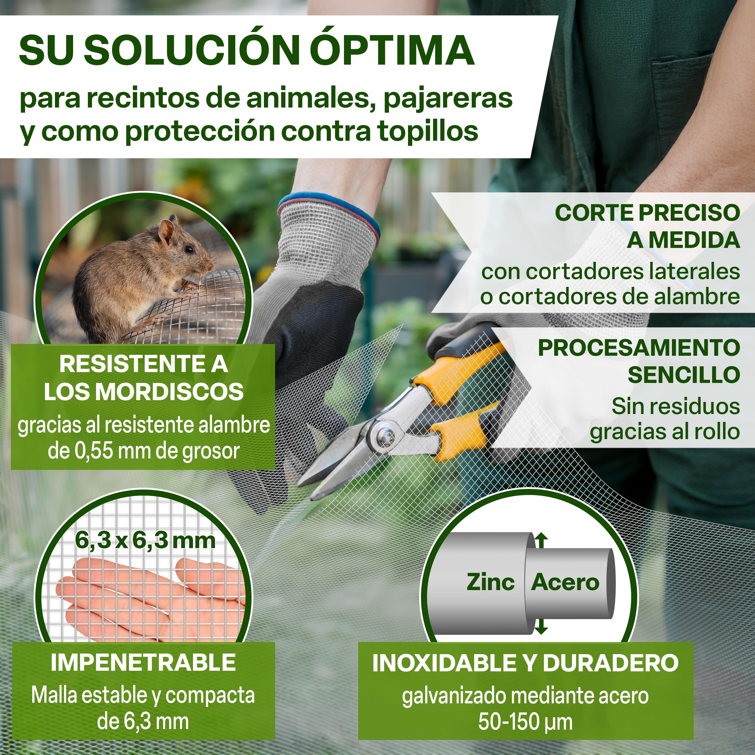 TTL GARDEN 1 m x 10 m, malla fina galvanizada, malla de 6,3 mm, grosor de alambre de 0,55 mm – en rollo de malla de alambre para aviarios, malla para conejos, 10 m x 1 m de ancho, ancho de malla de