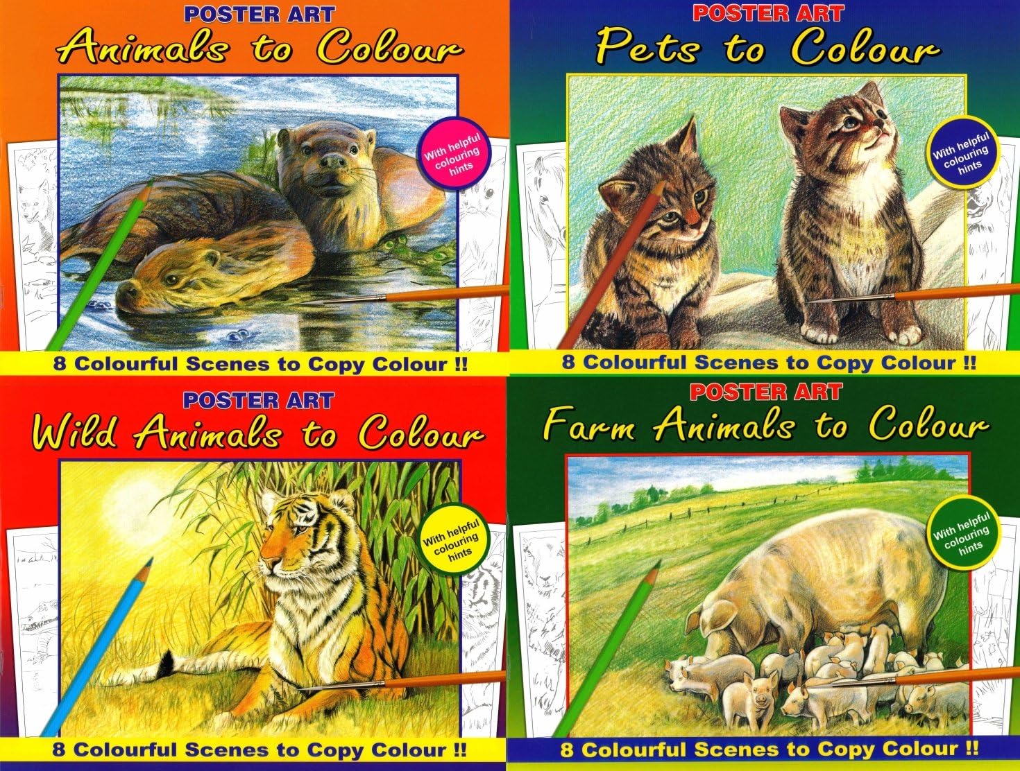 Set of 4 Adults Paint & Colouring Books Wild Animals, Farm Animals, Pets, & Animals 1015 by Poster Art