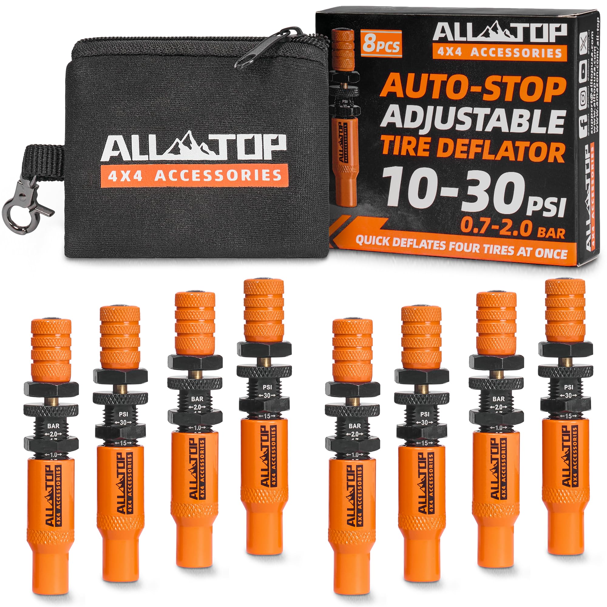 ALL-TOP Adjustable Auto-Stop Tire Deflator Valve Kit (10-30PSI) 8 PCS Tyre Air Down Tool with Screw-On Back-up Valve Caps for Offroad 4x4 (2nd Gen) (Orange, Tire Deflator, 8PCS)