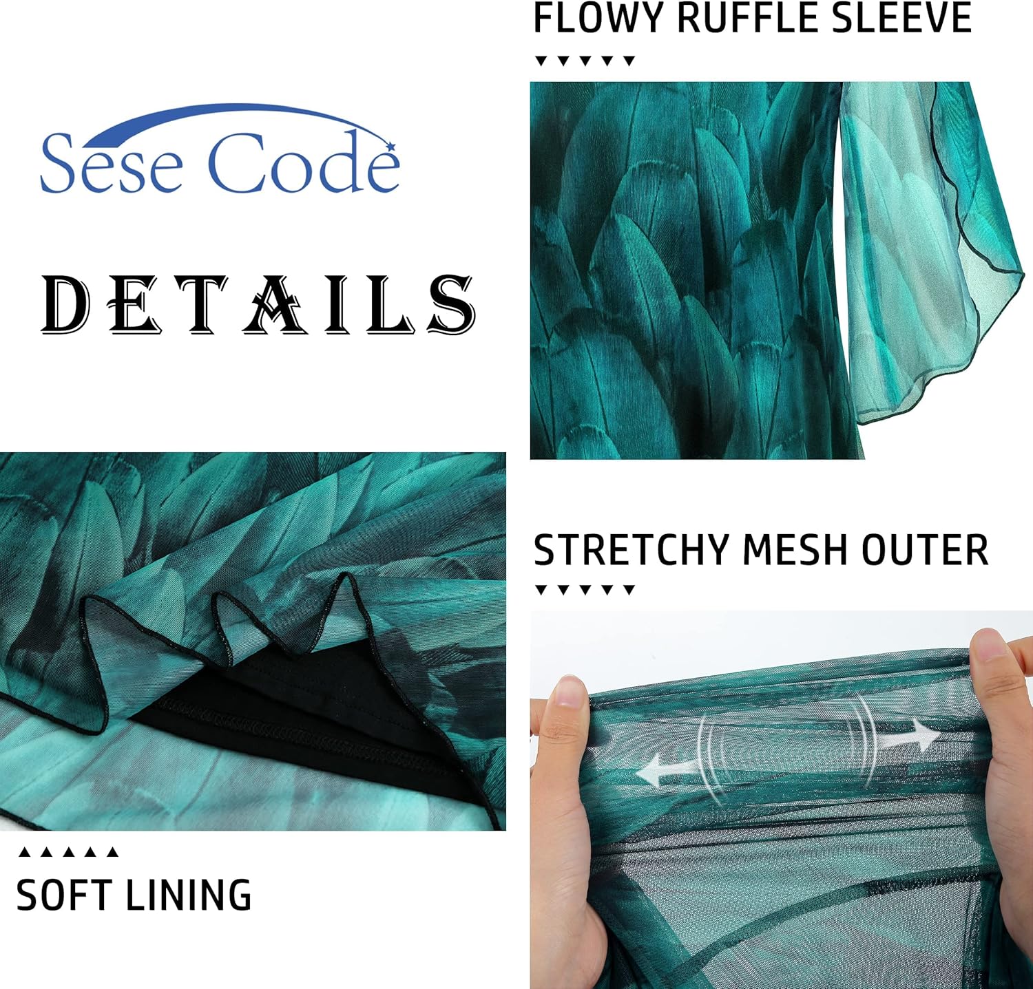 SeSe Code Womens Ruffle 3/4 Sleeve Mesh Blouses Loose Flowy Tops Stretchy Shirts - Image 4