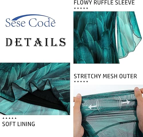 Miniatura 4 de SeSe Code Blusas con mangas 34 y volantes de malla para mujer, tops holgados y elásticos