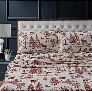 Tribeca Living 100% Cotton Flannel Sheet Set - 200 GSM, Deep Pocket, Ultra Soft & Cozy, California King, Deer Toile Deep Red