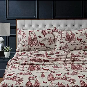 Tribeca Living 100% Cotton Flannel Sheet Set - 200 GSM, Deep Pocket, Ultra Soft & Cozy, Twin, Deer Toile Deep Red